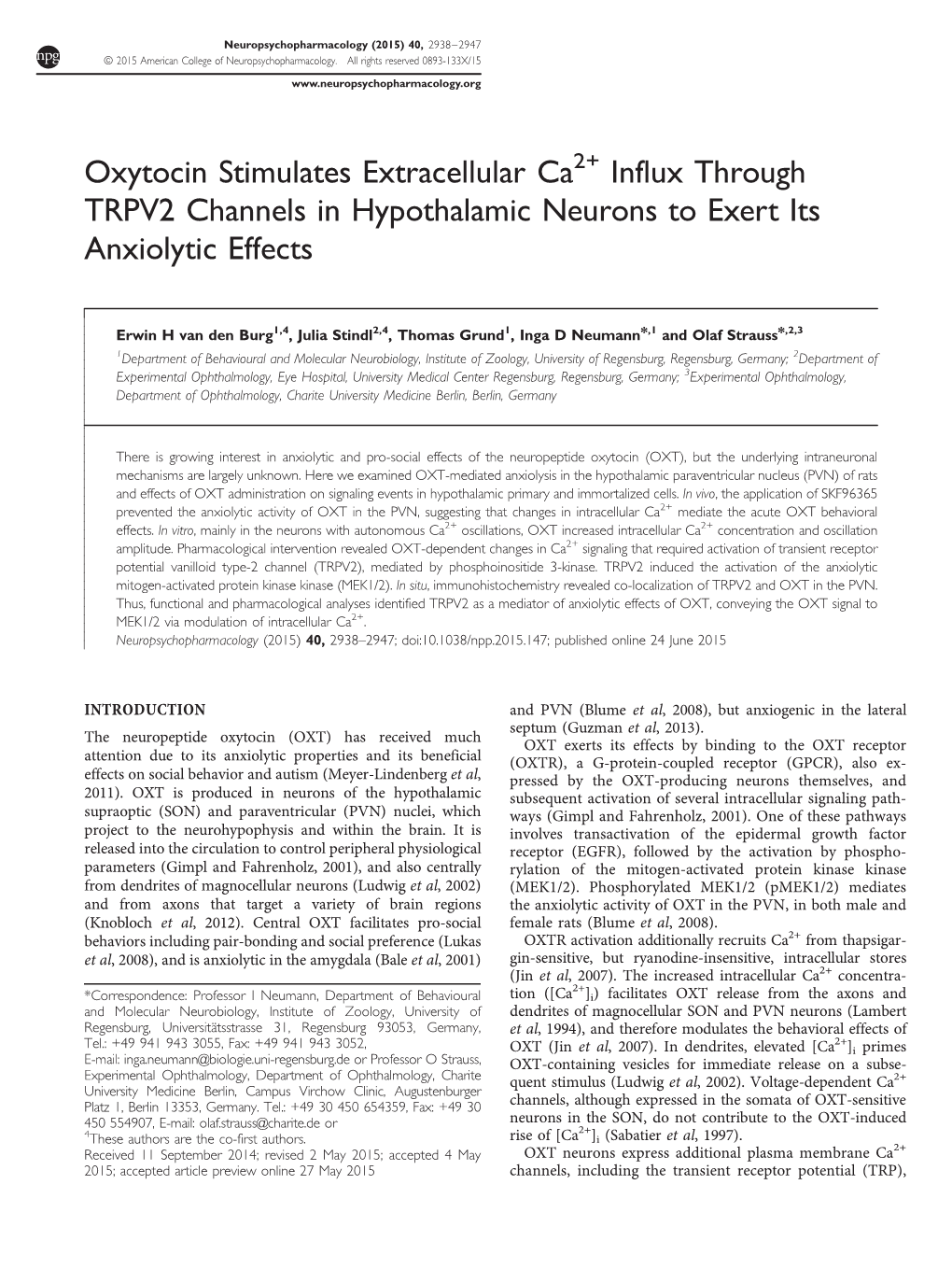 Oxytocin Stimulates Extracellular Ca2&Plus; Influx Through TRPV2