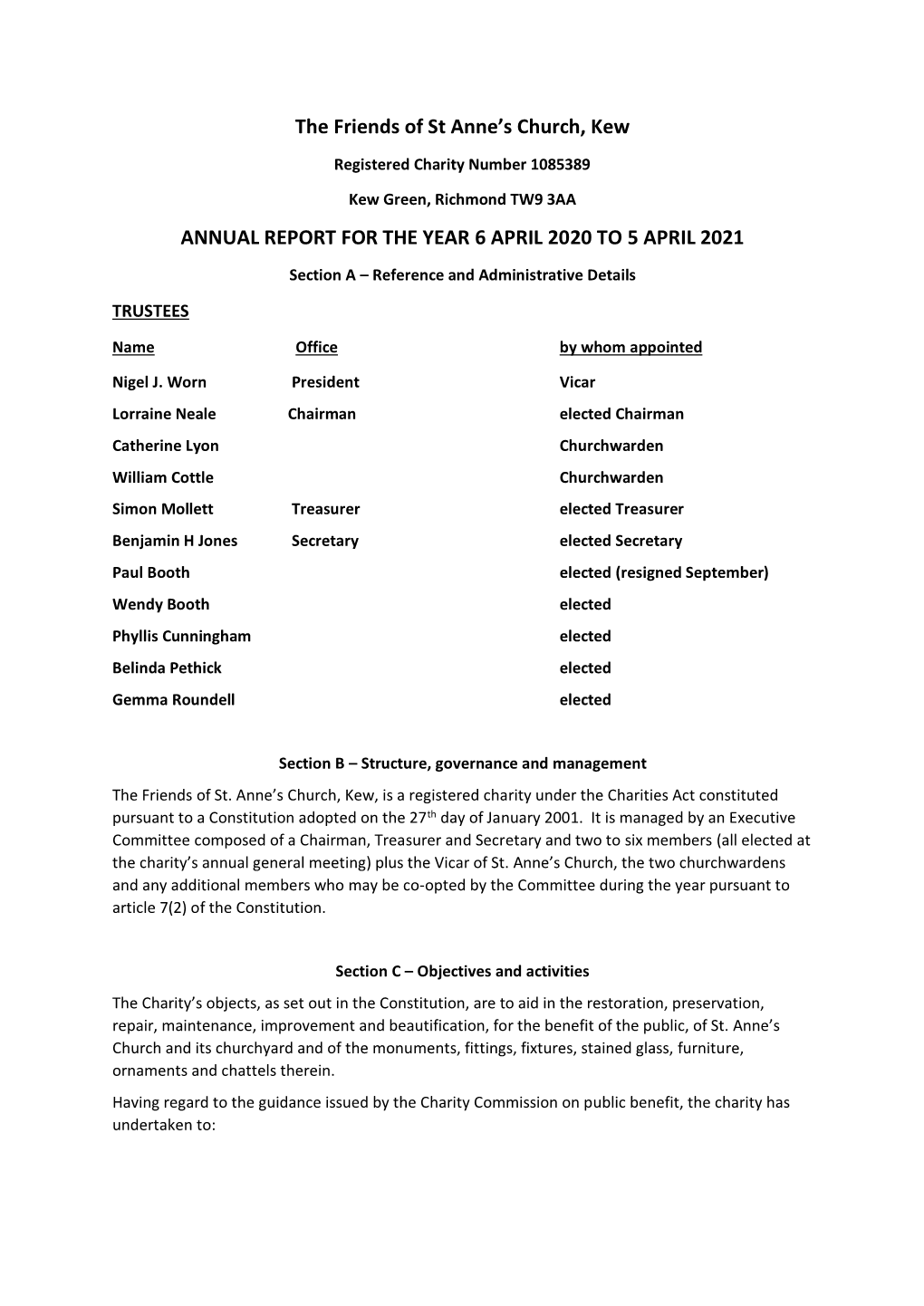 The Friends of St Anne's Church, Kew ANNUAL REPORT for the YEAR