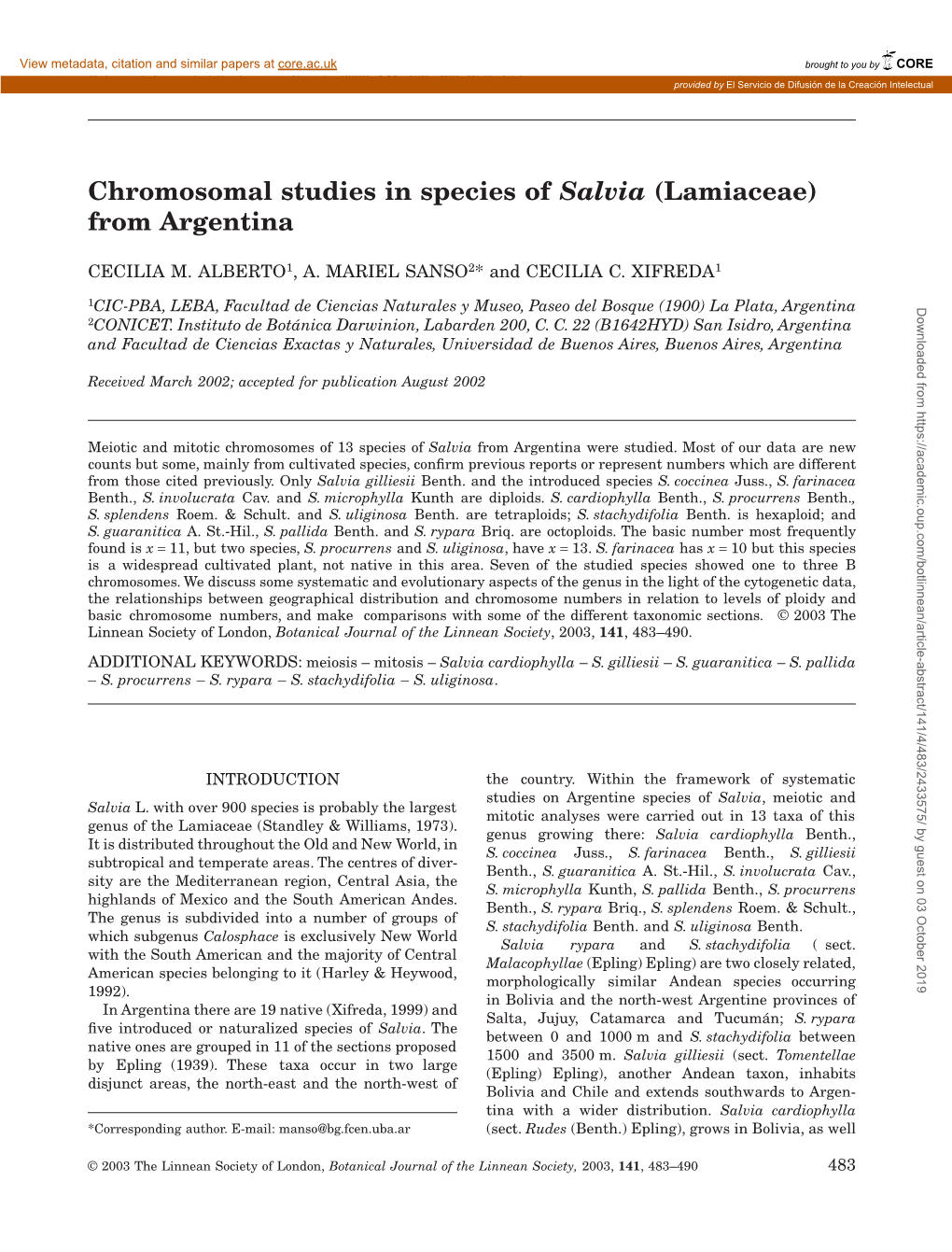 Chromosomal Studies in Species of Salvia (Lamiaceae) from Argentina