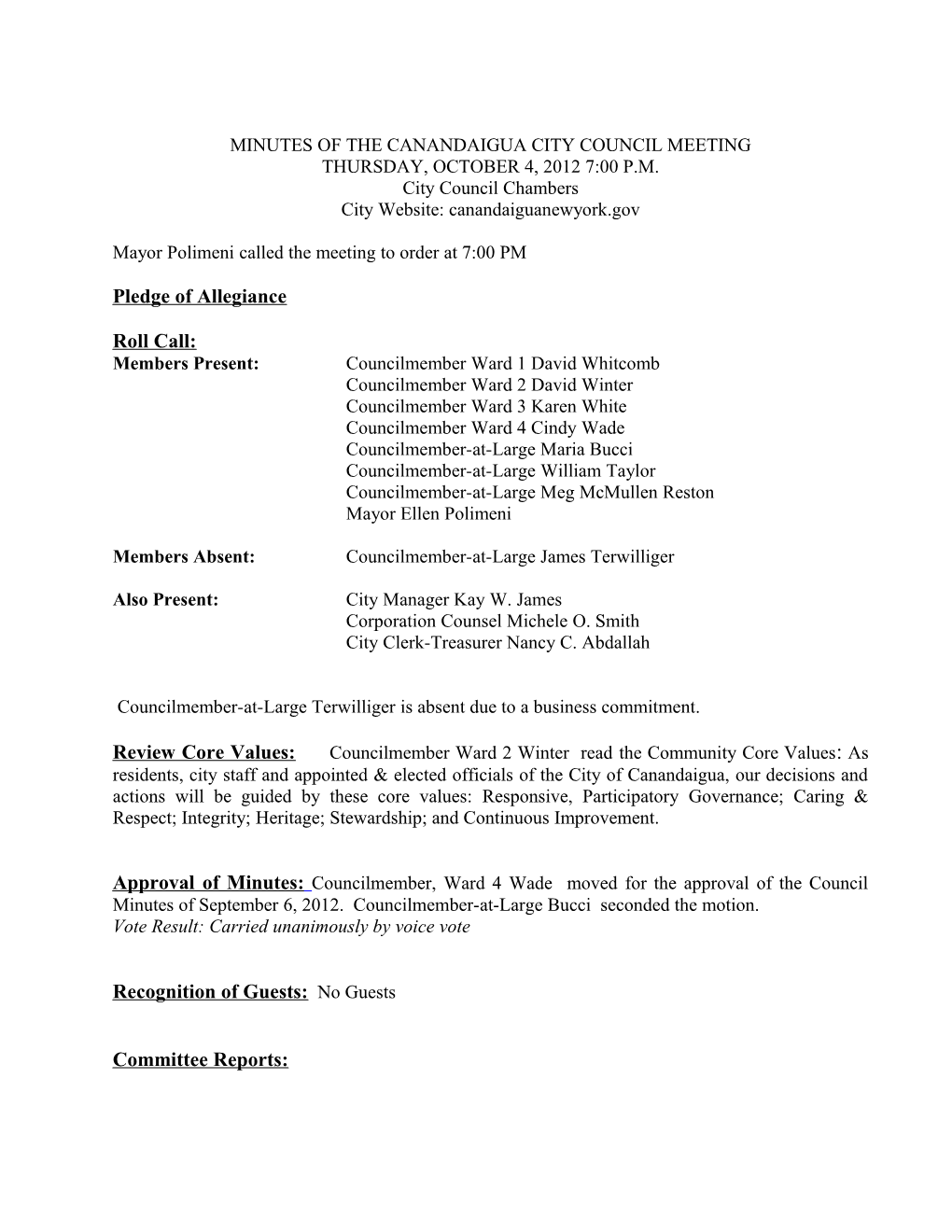 Minutes of the Canandaigua City Council Meeting