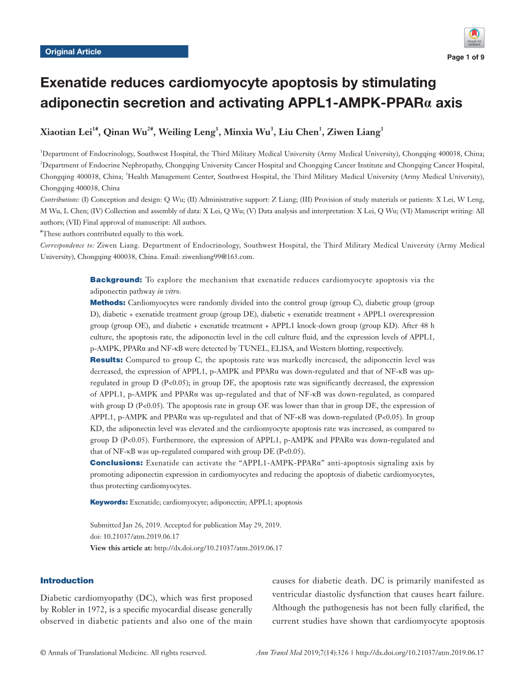 Exenatide Reduces Cardiomyocyte Apoptosis by Stimulating Adiponectin Secretion and Activating APPL1-AMPK-Pparα Axis