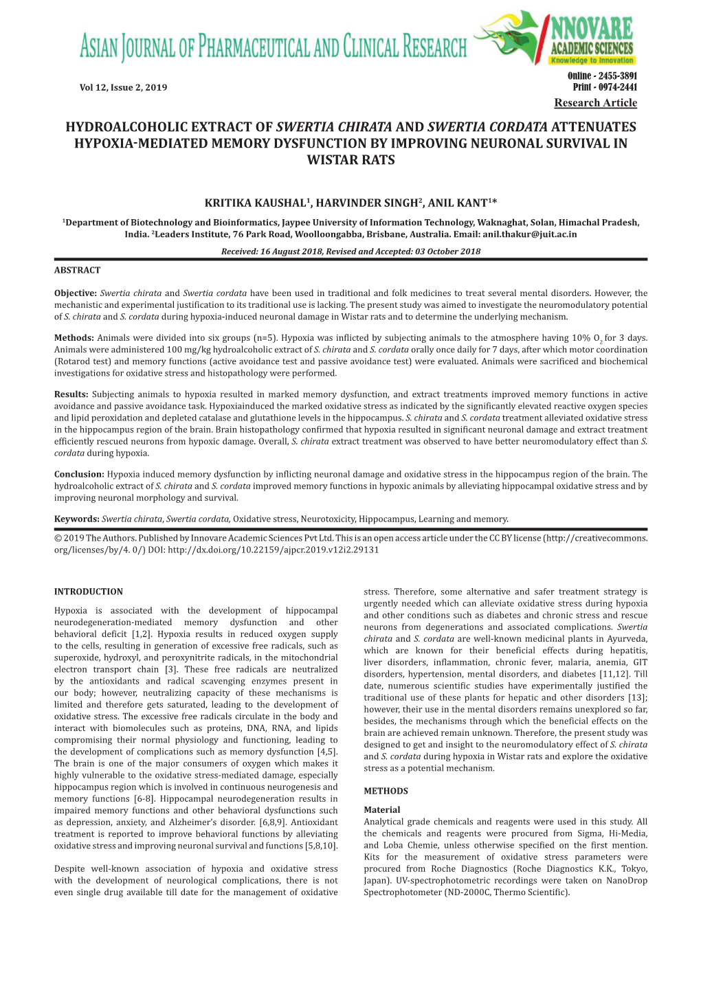 Hydroalcoholic Extract of Swertia Chirata and Swertia Cordata Attenuates Hypoxia-Mediated Memory Dysfunction by Improving Neuronal Survival in Wistar Rats