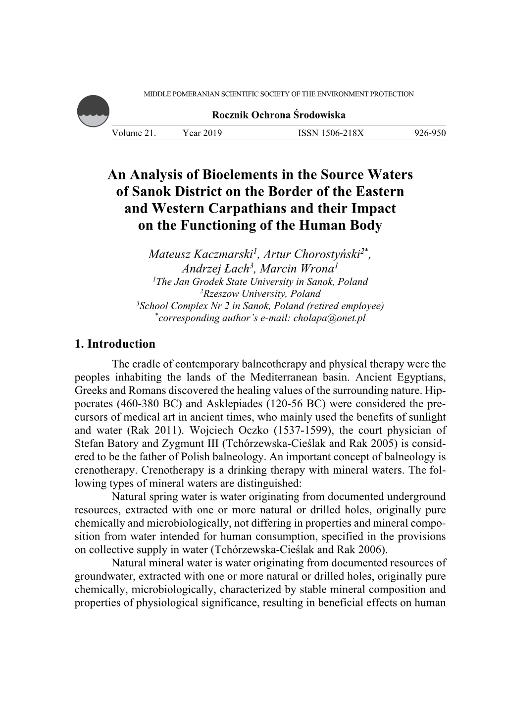 An Analysis of Bioelements in the Source Waters of Sanok District On