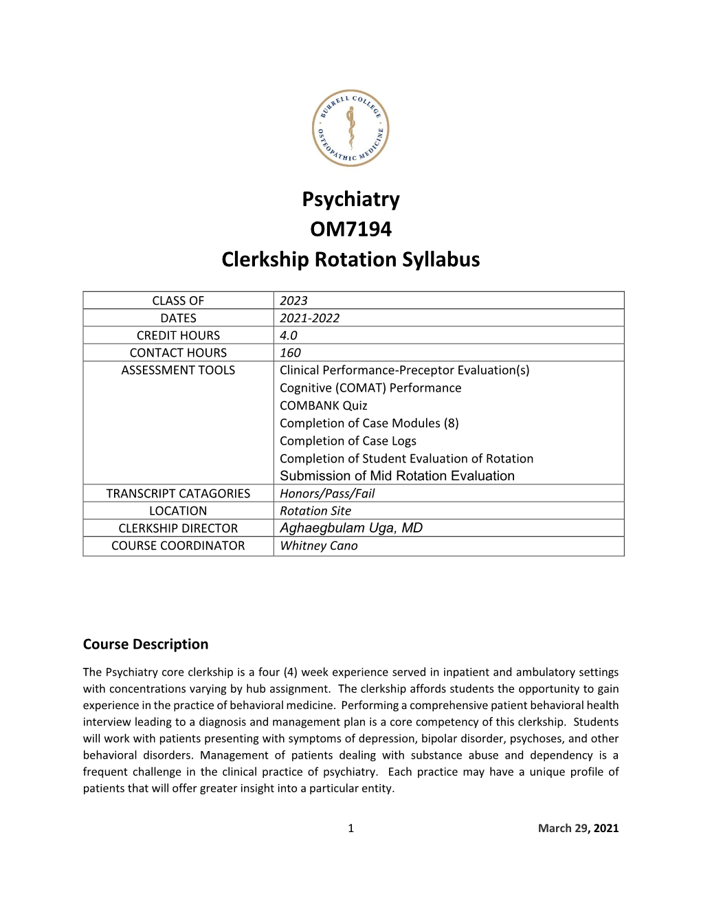 Psychiatry OM7194 Clerkship Rotation Syllabus