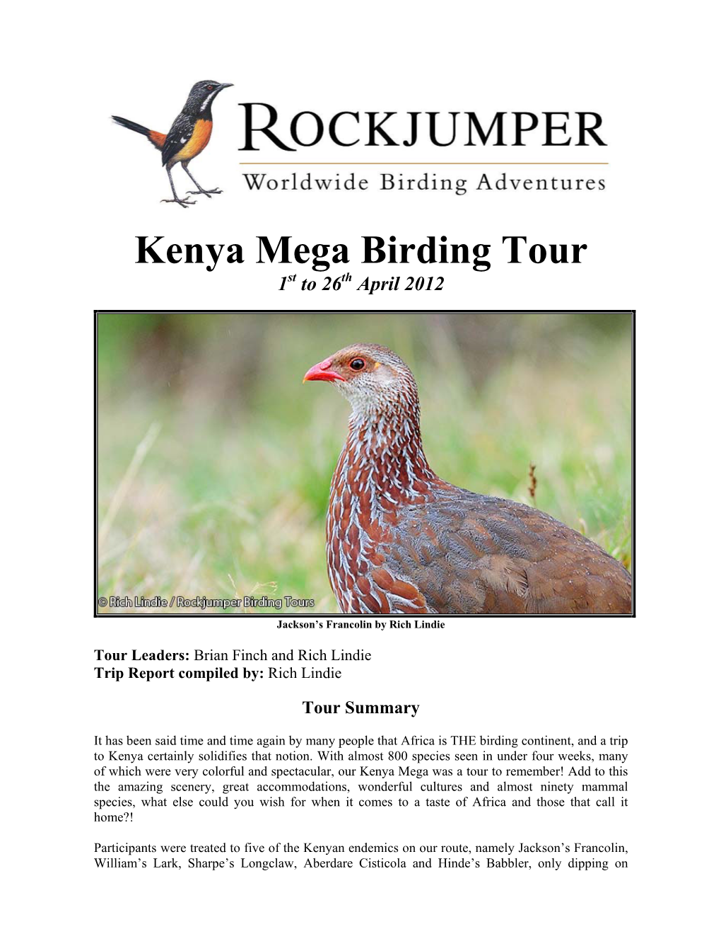 Kenya Mega Birding Tour 1St to 26Th April 2012