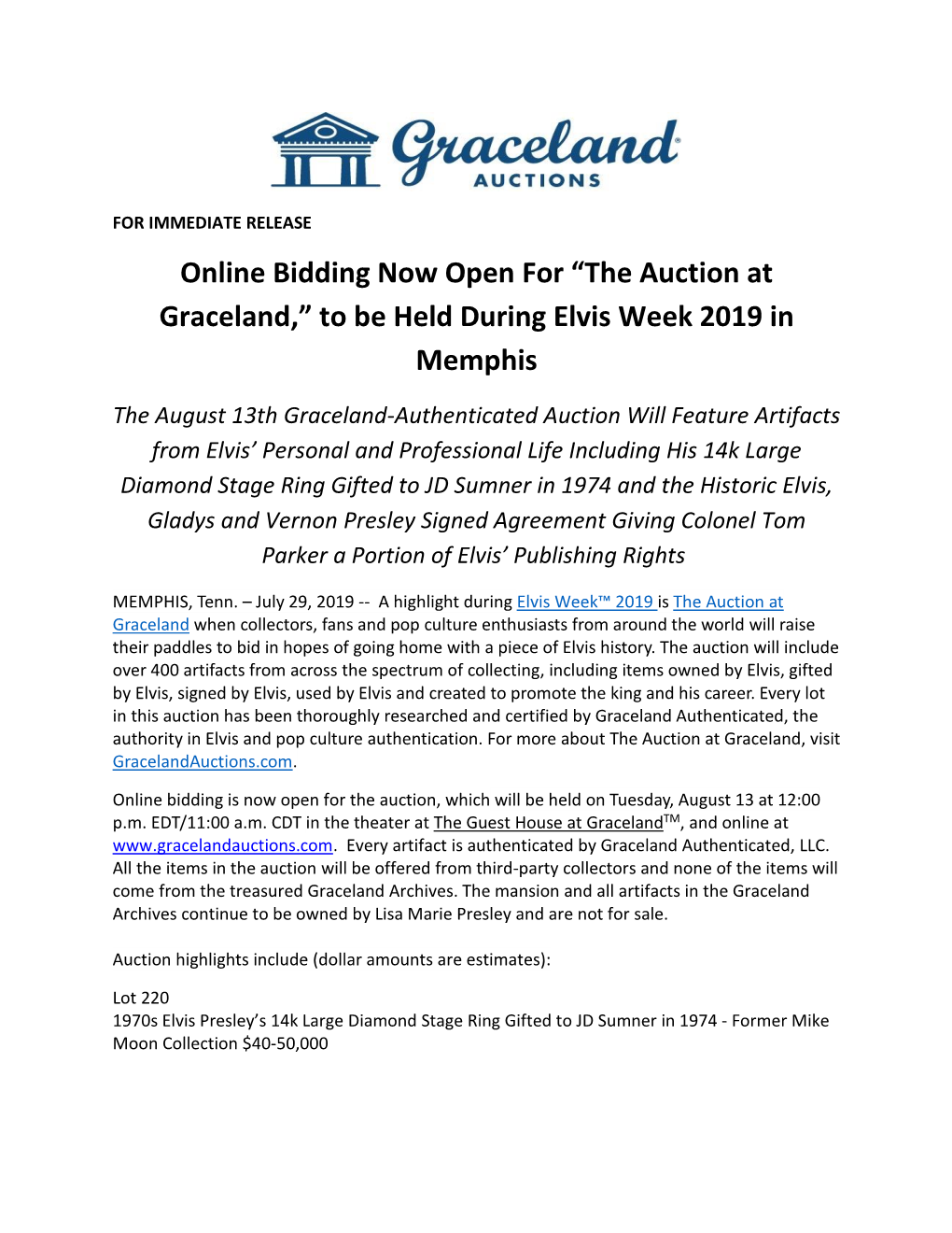 Online Bidding Now Open for “The Auction at Graceland,” to Be Held During Elvis Week 2019 in Memphis