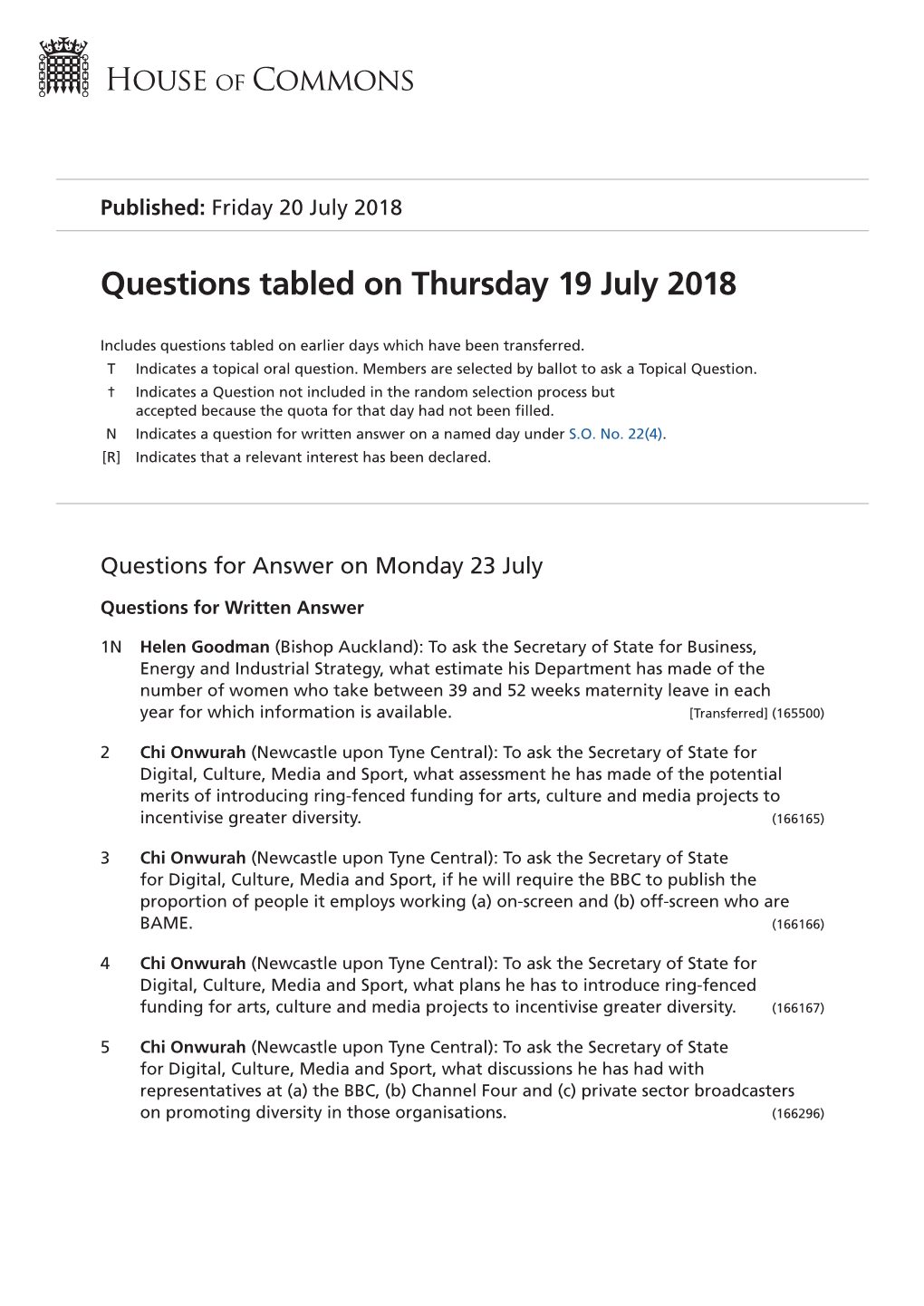 Questions Tabled on Thu 19 Jul 2018