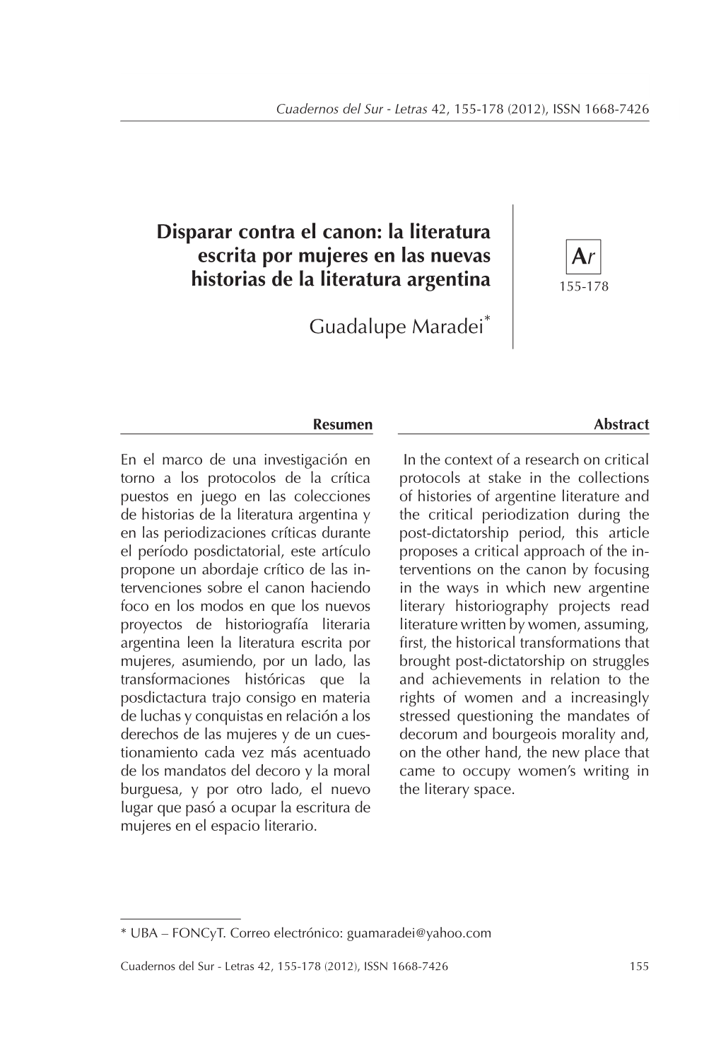 Disparar Contra El Canon: La Literatura Escrita Por Mujeres En Las Nuevas Ar Historias De La Literatura Argentina 155-178