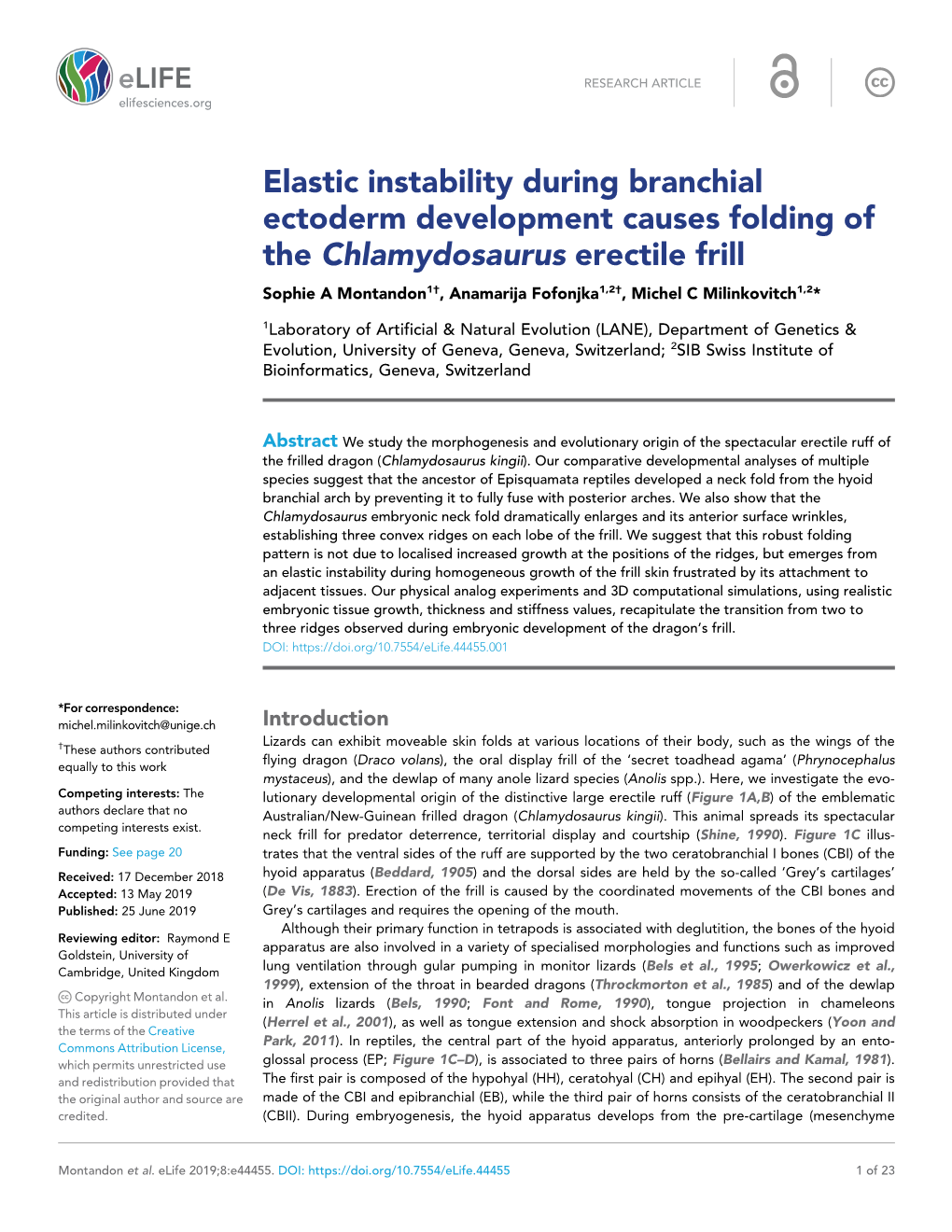 Elastic Instability During Branchial Ectoderm Development Causes Folding of the Chlamydosaurus Erectile Frill