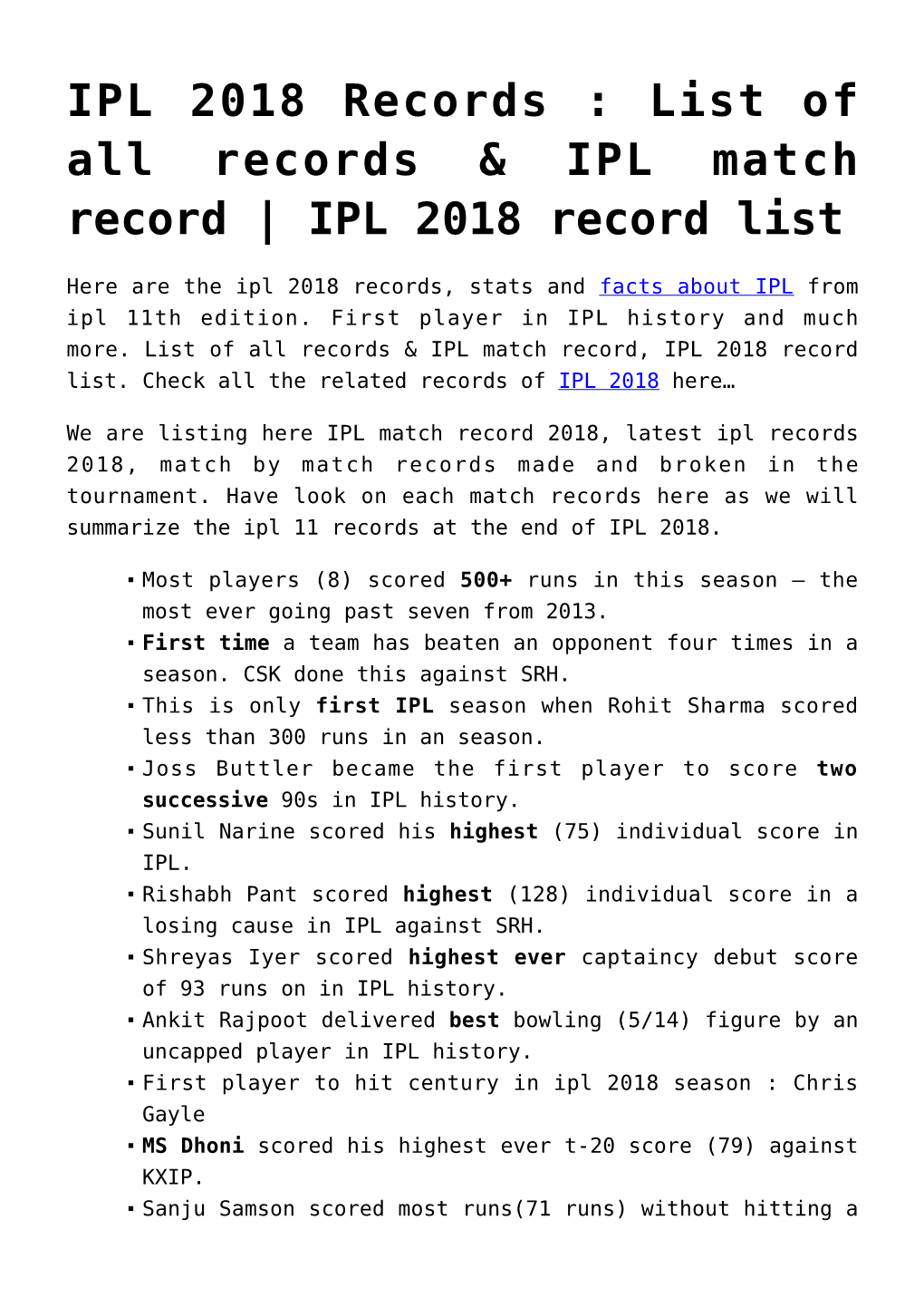 IPL 2018 Records : List of All Records & IPL Match Record | IPL 2018 Record List