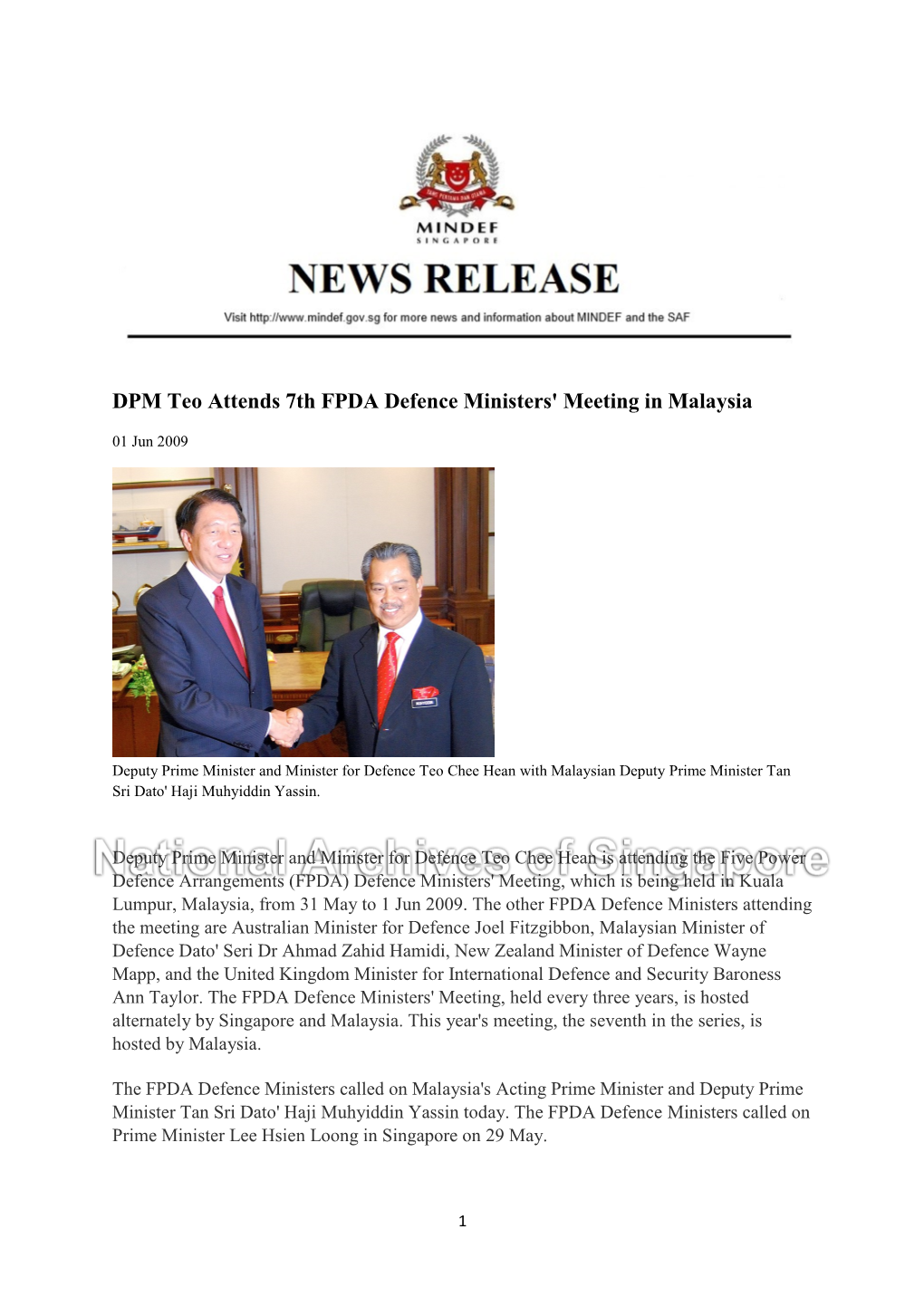 DPM Teo Attends 7Th FPDA Defence Ministers' Meeting in Malaysia