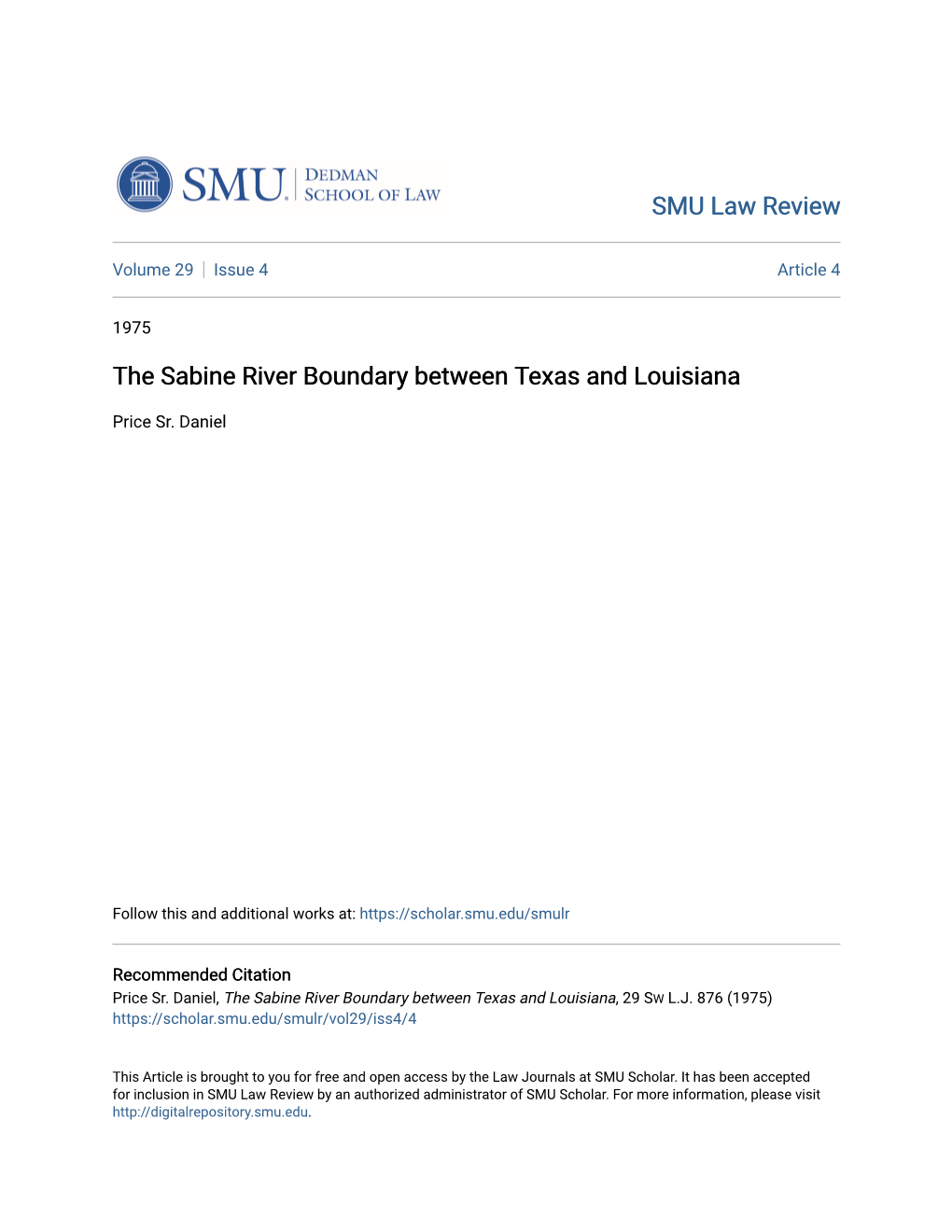 The Sabine River Boundary Between Texas and Louisiana