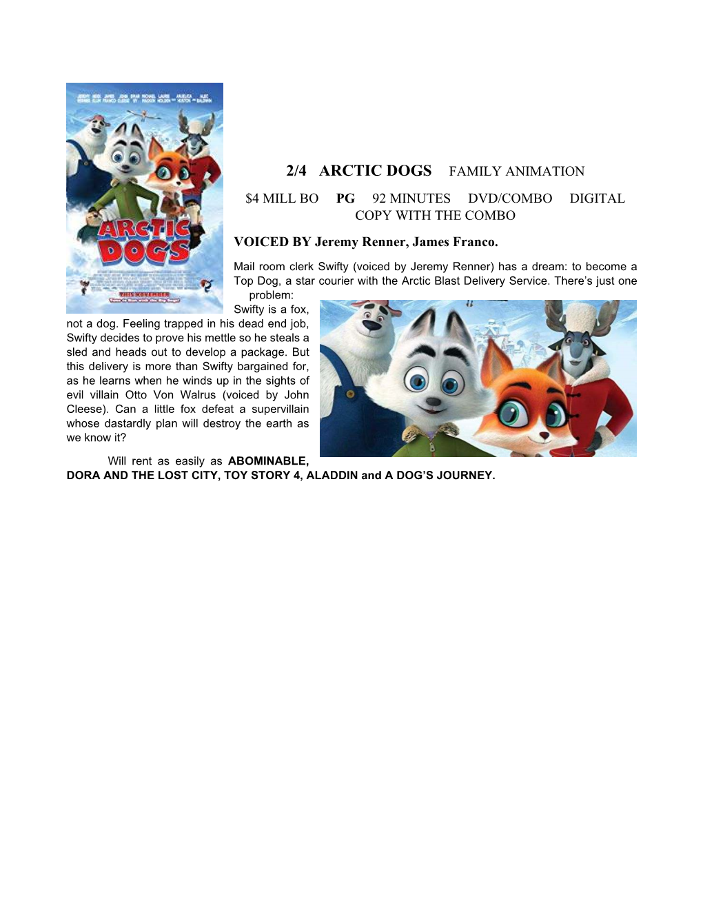 2/4 Arctic Dogs Family Animation $4 Mill Bo Pg 92 Minutes Dvd/Combo Digital Copy with the Combo