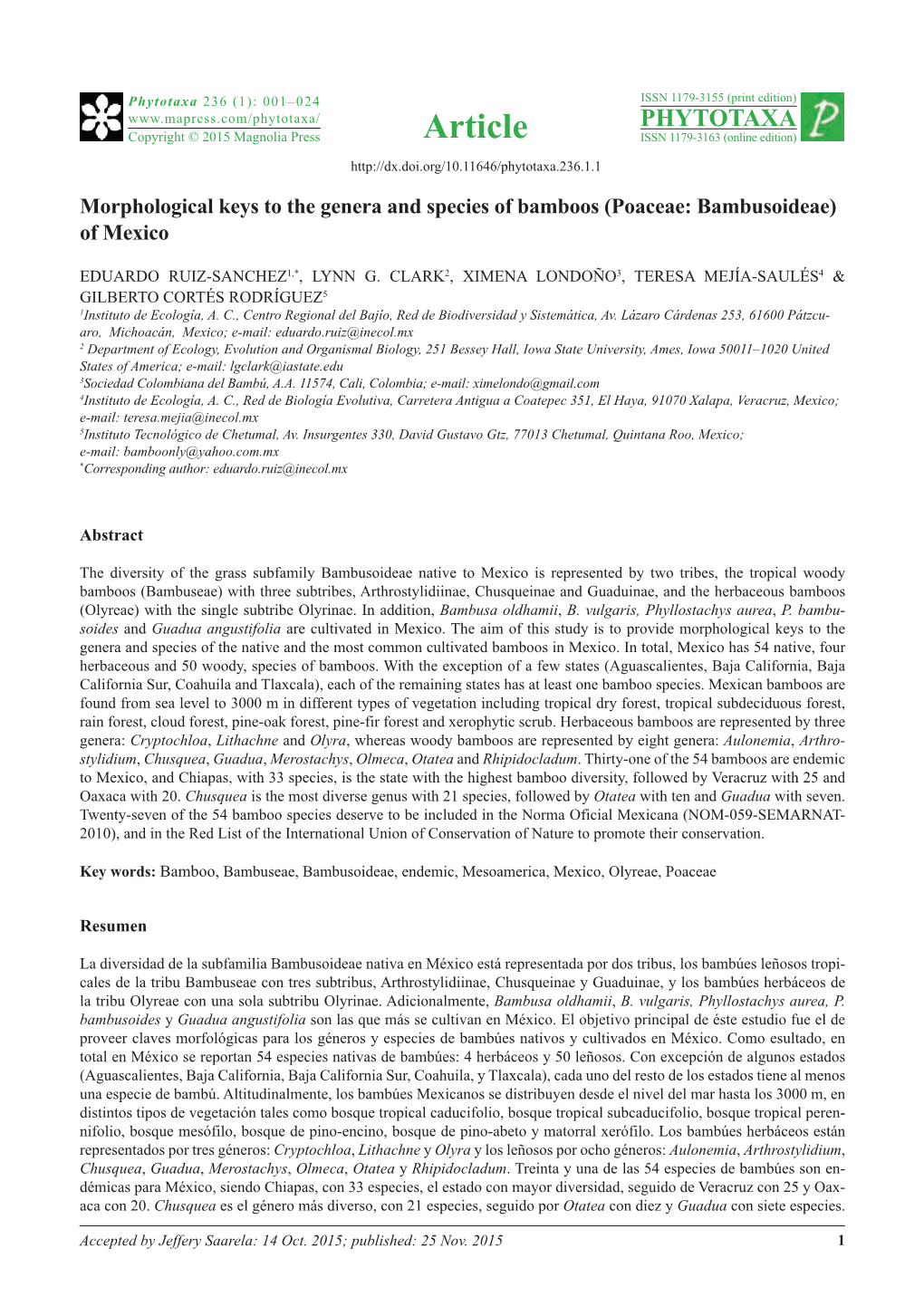 Morphological Keys to the Genera and Species of Bamboos (Poaceae: Bambusoideae) of Mexico