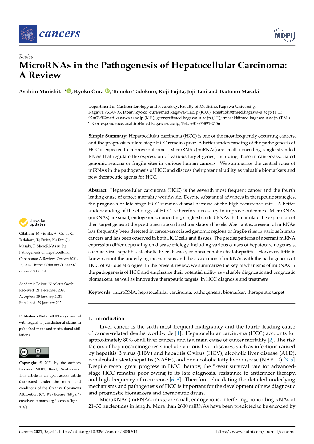 Micrornas in the Pathogenesis of Hepatocellular Carcinoma: a Review