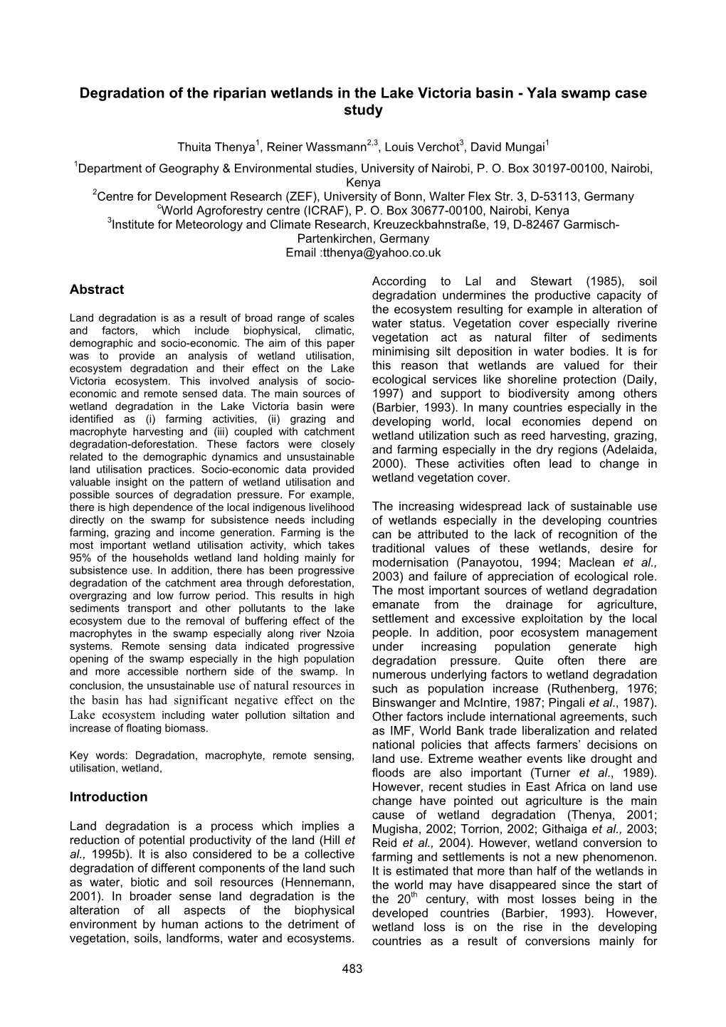 Degradation of the Riparian Wetlands in the Lake Victoria Basin - Yala Swamp Case Study