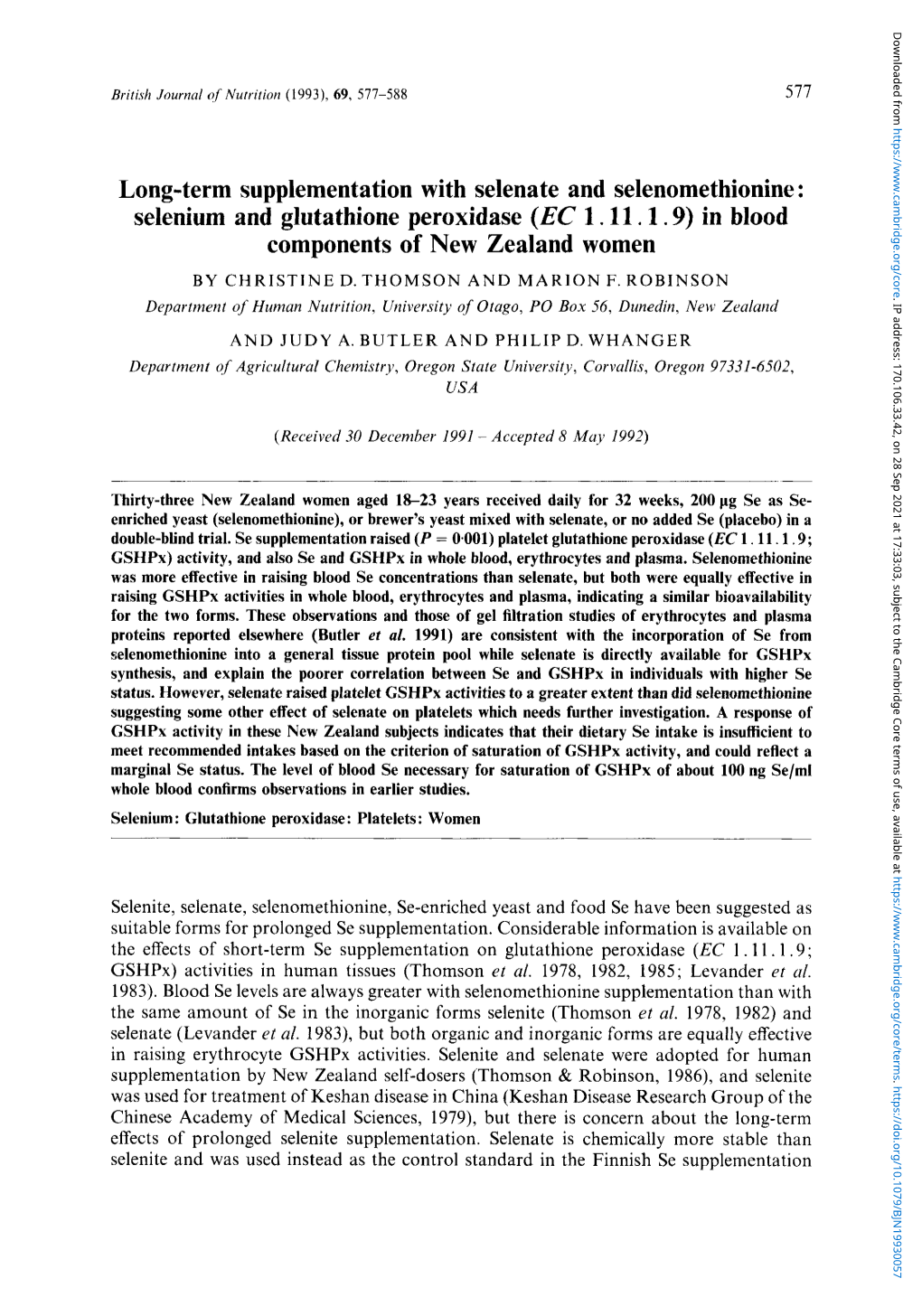 Selenium and Glutathione Peroxidase (EC 1.11.1.9) in Blood Components of New Zealand Women by CHRISTINE D