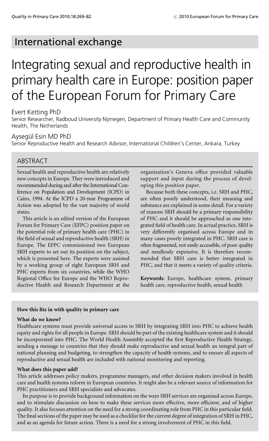 Integrating Sexual and Reproductive Health in Primary Health Care In