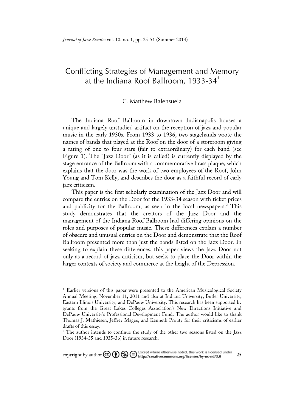 Conflicting Strategies of Management and Memory at the Indiana Roof Ballroom, 1933-341