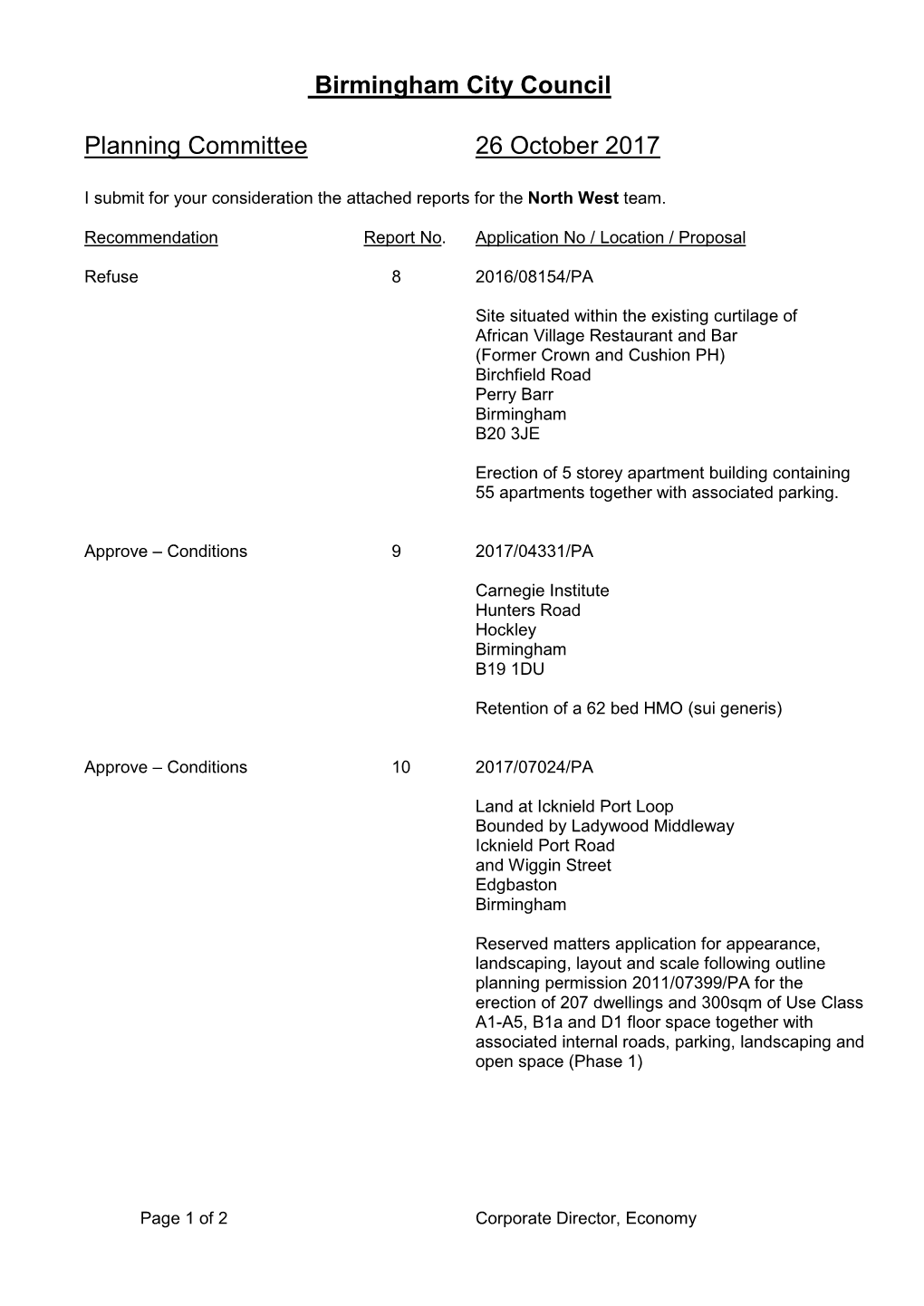 Birmingham City Council Planning Committee 26 October 2017