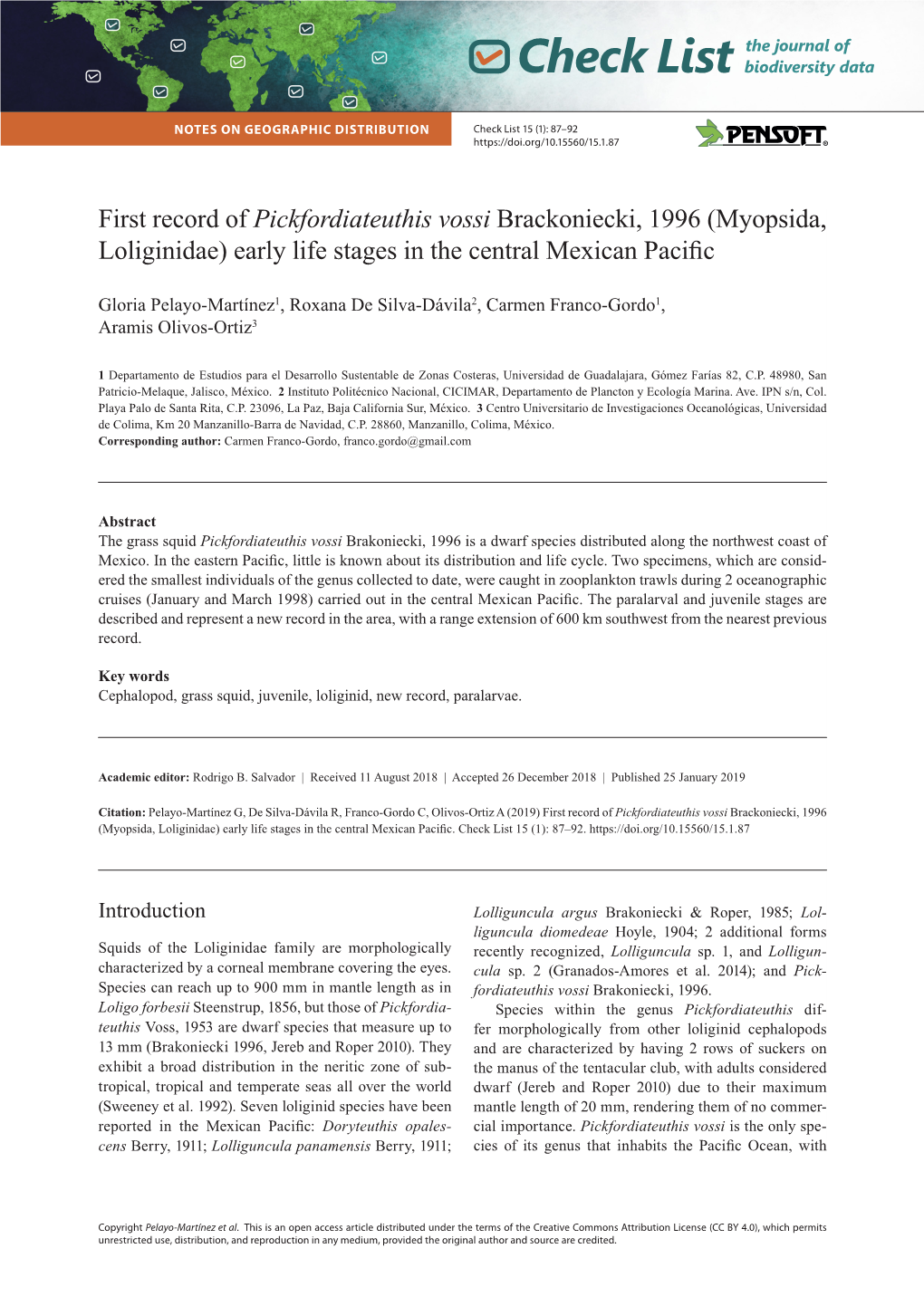 Pickfordiateuthis Vossi Brackoniecki, 1996 (Myopsida, Loliginidae) Early Life Stages in the Central Mexican Pacific