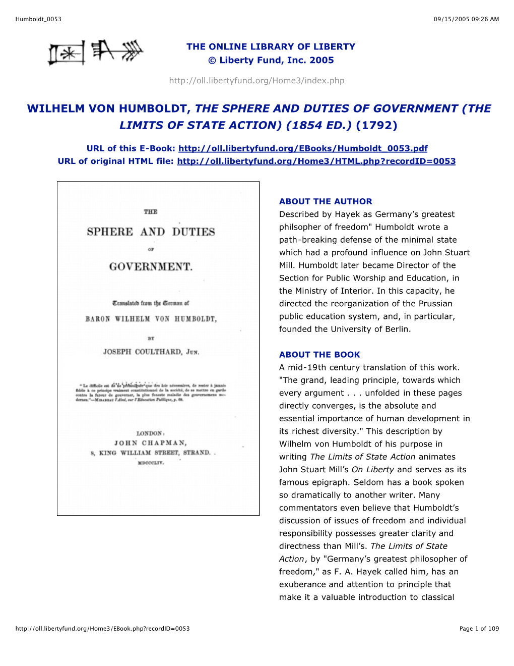 Wilhelm Von Humboldt, the Sphere and Duties of Government (The Limits of State Action) (1854 Ed.) (1792)