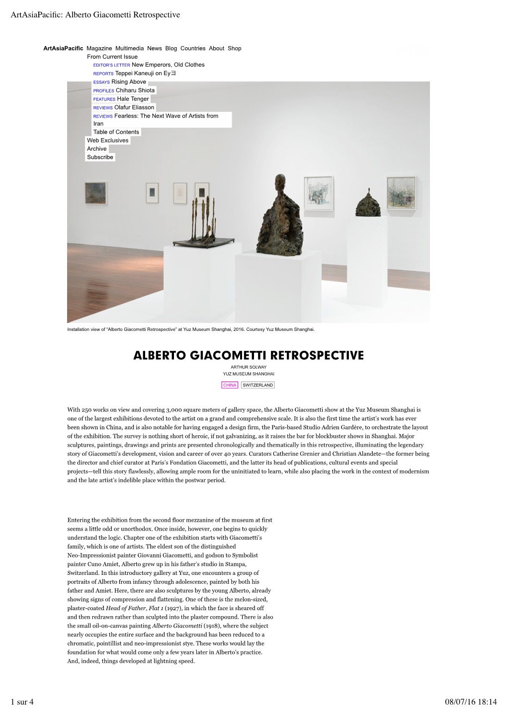 Artasiapacific: Alberto Giacometti Retrospective