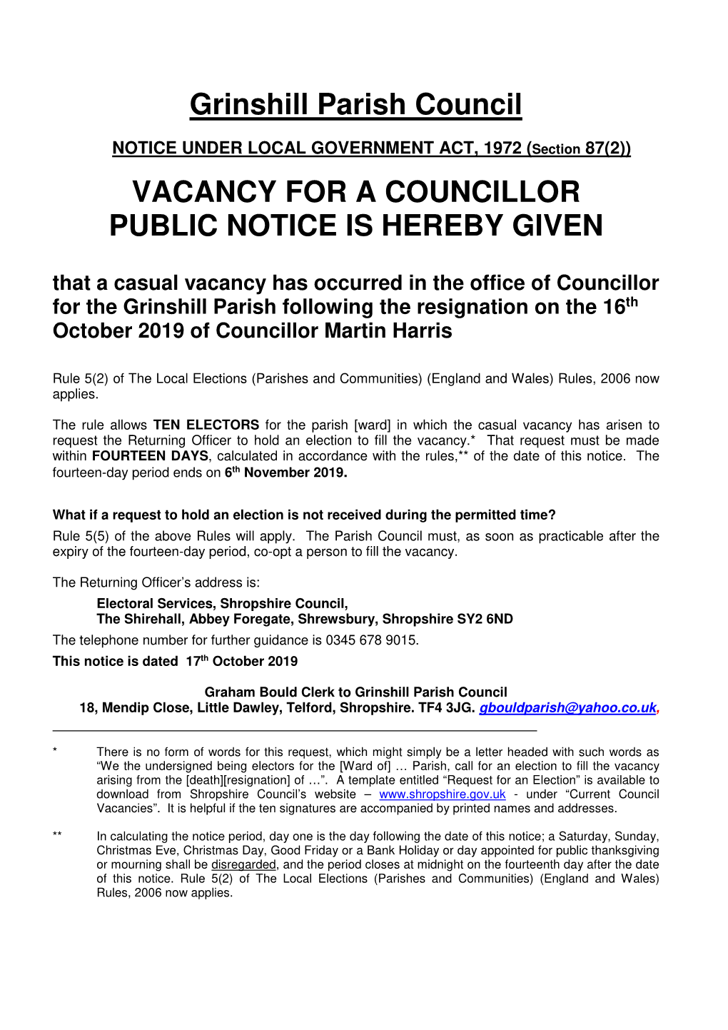 Grinshill PC Notice of Casual Vacancy October 2019