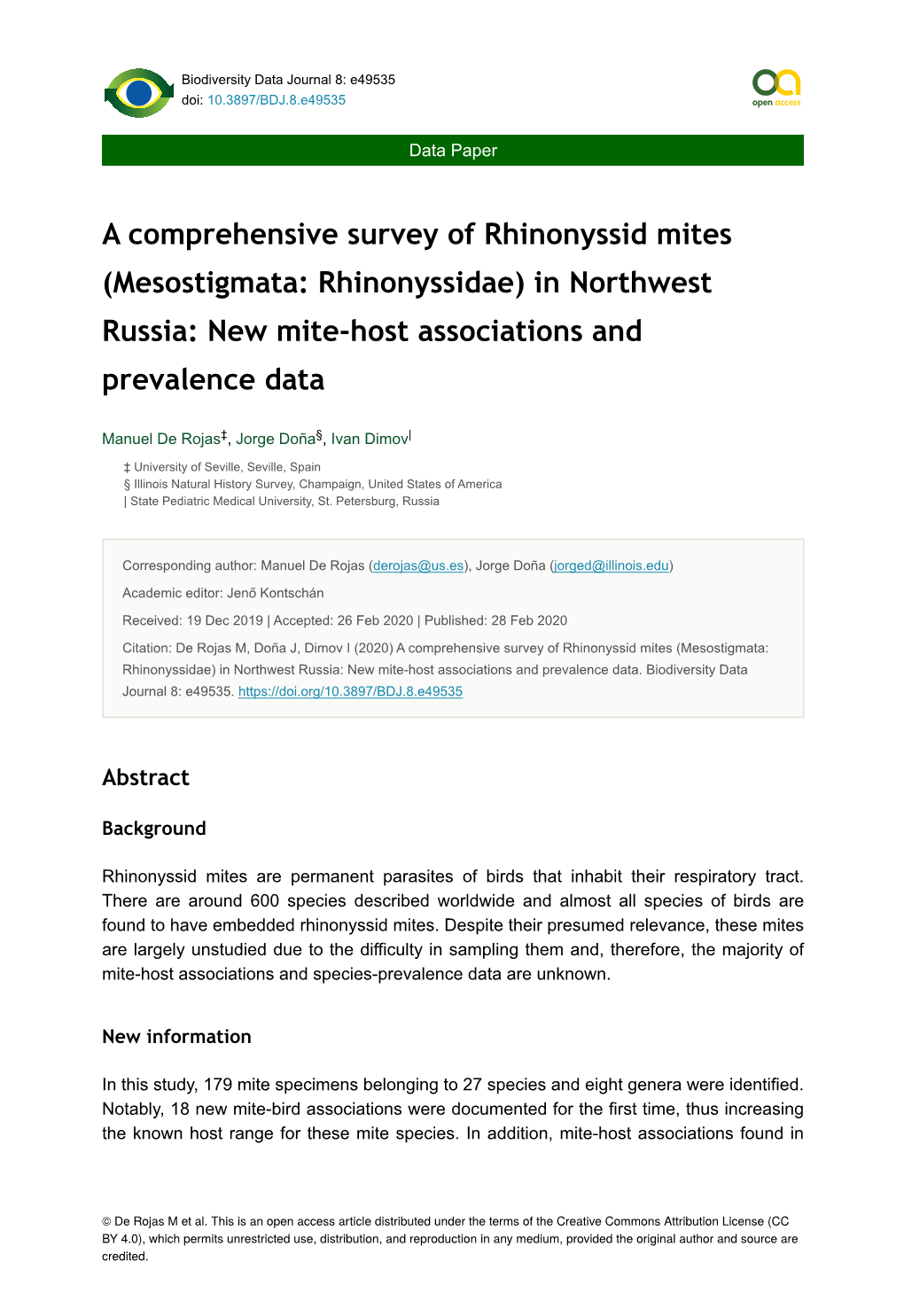 Mesostigmata: Rhinonyssidae) in Northwest Russia: New Mite-Host Associations and Prevalence Data