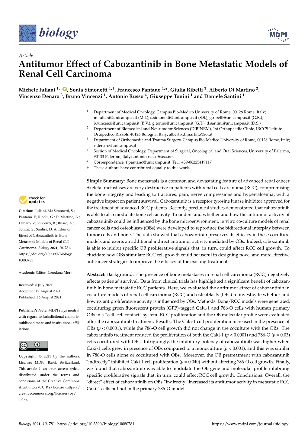 Antitumor Effect of Cabozantinib in Bone Metastatic Models of Renal Cell Carcinoma