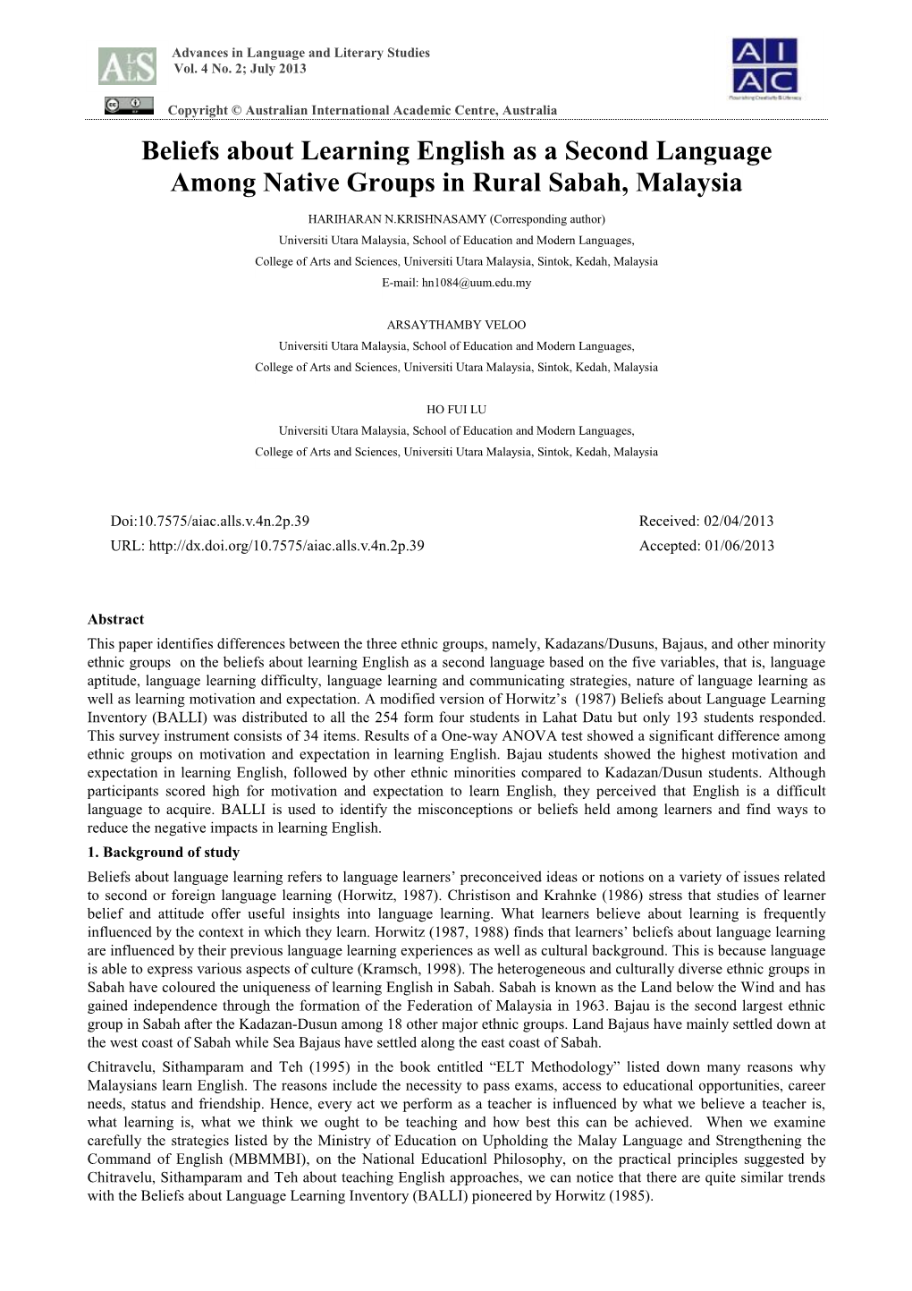 Beliefs About Learning English As a Second Language Among Native Groups in Rural Sabah, Malaysia