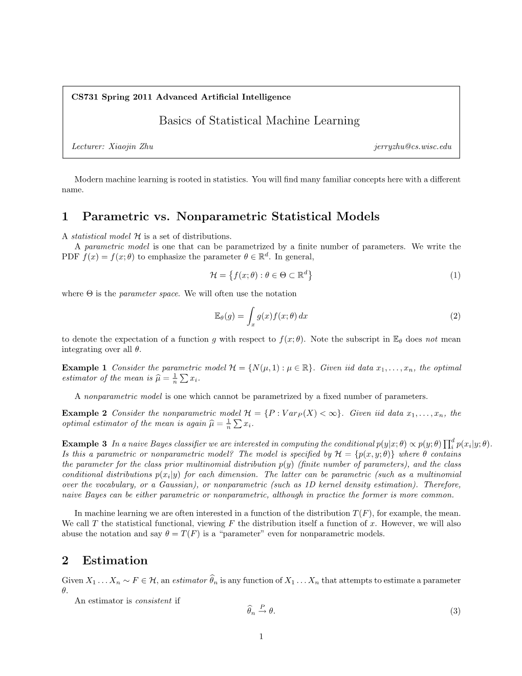 Basics of Statistical Machine Learning 1 Parametric Vs. Nonparametric