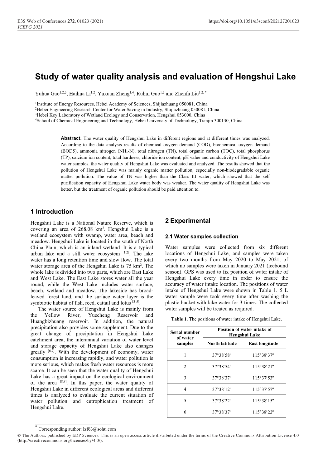 Study of Water Quality Analysis and Evaluation of Hengshui Lake