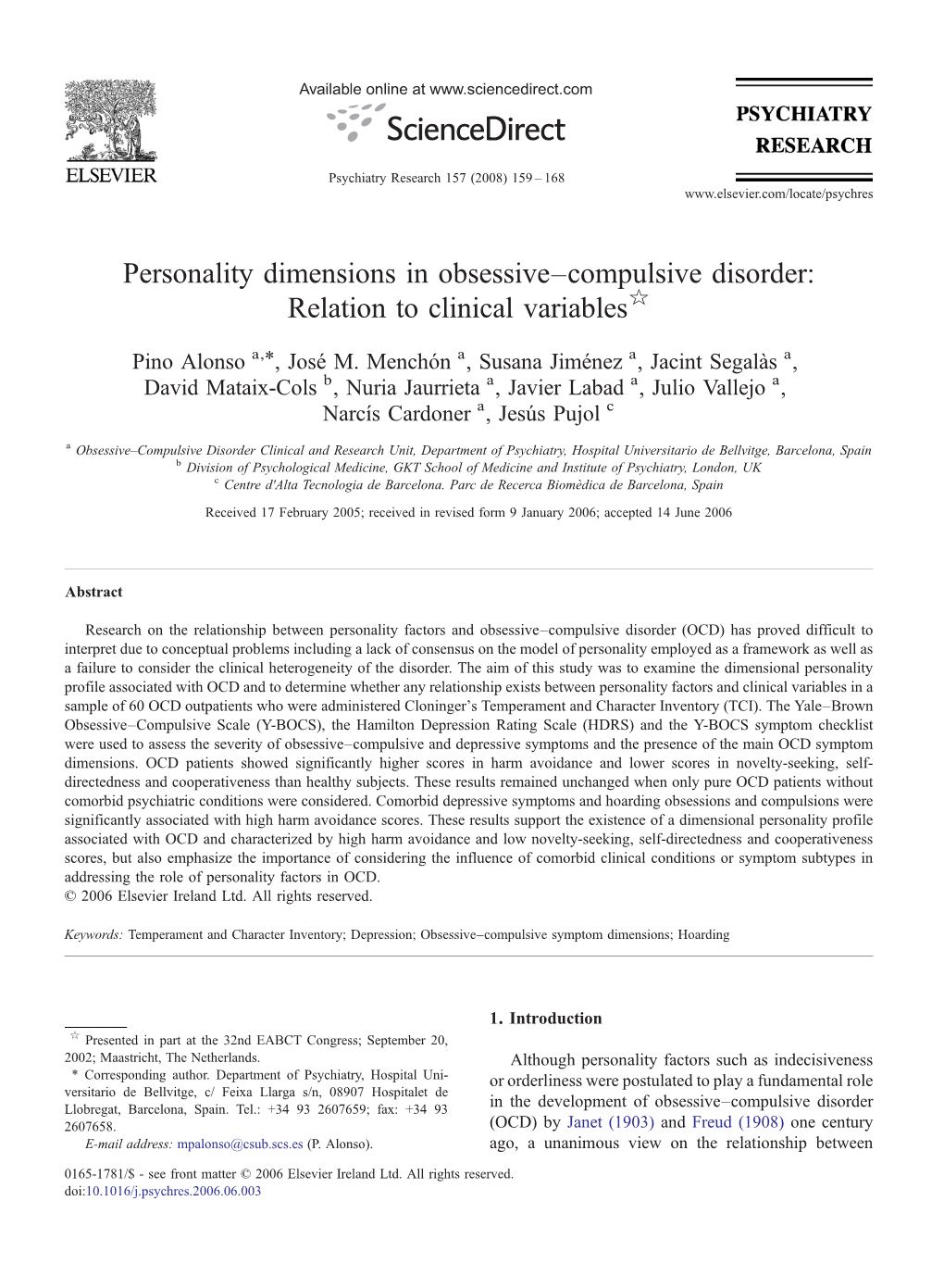 Personality Dimensions in Obsessive–Compulsive Disorder: Relation to Clinical Variables☆ ⁎ Pino Alonso A, , José M