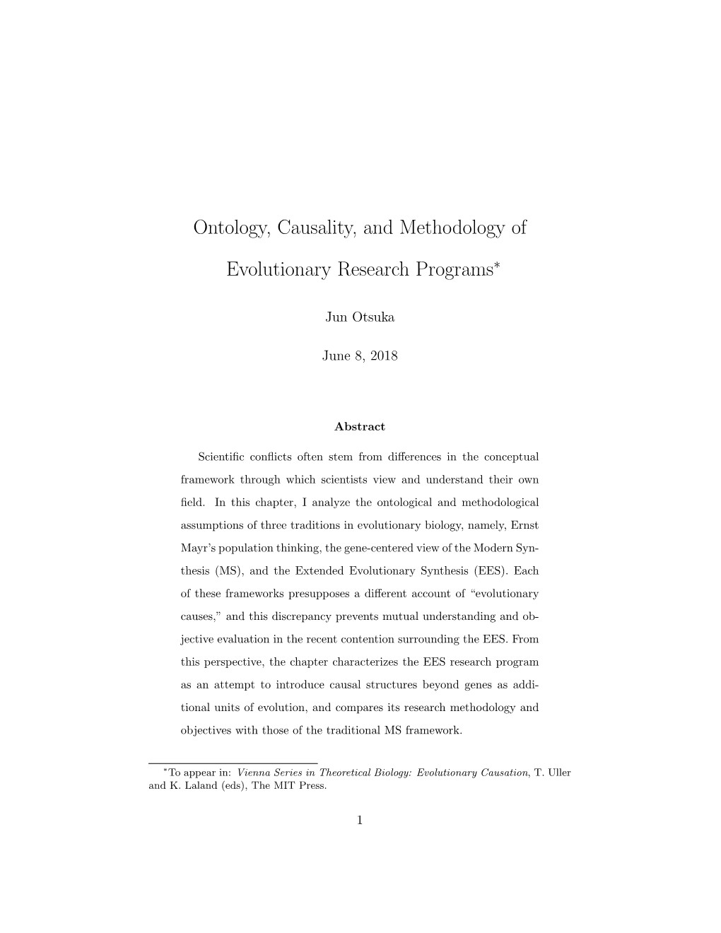 Ontology, Causality, and Methodology of Evolutionary Research Programs
