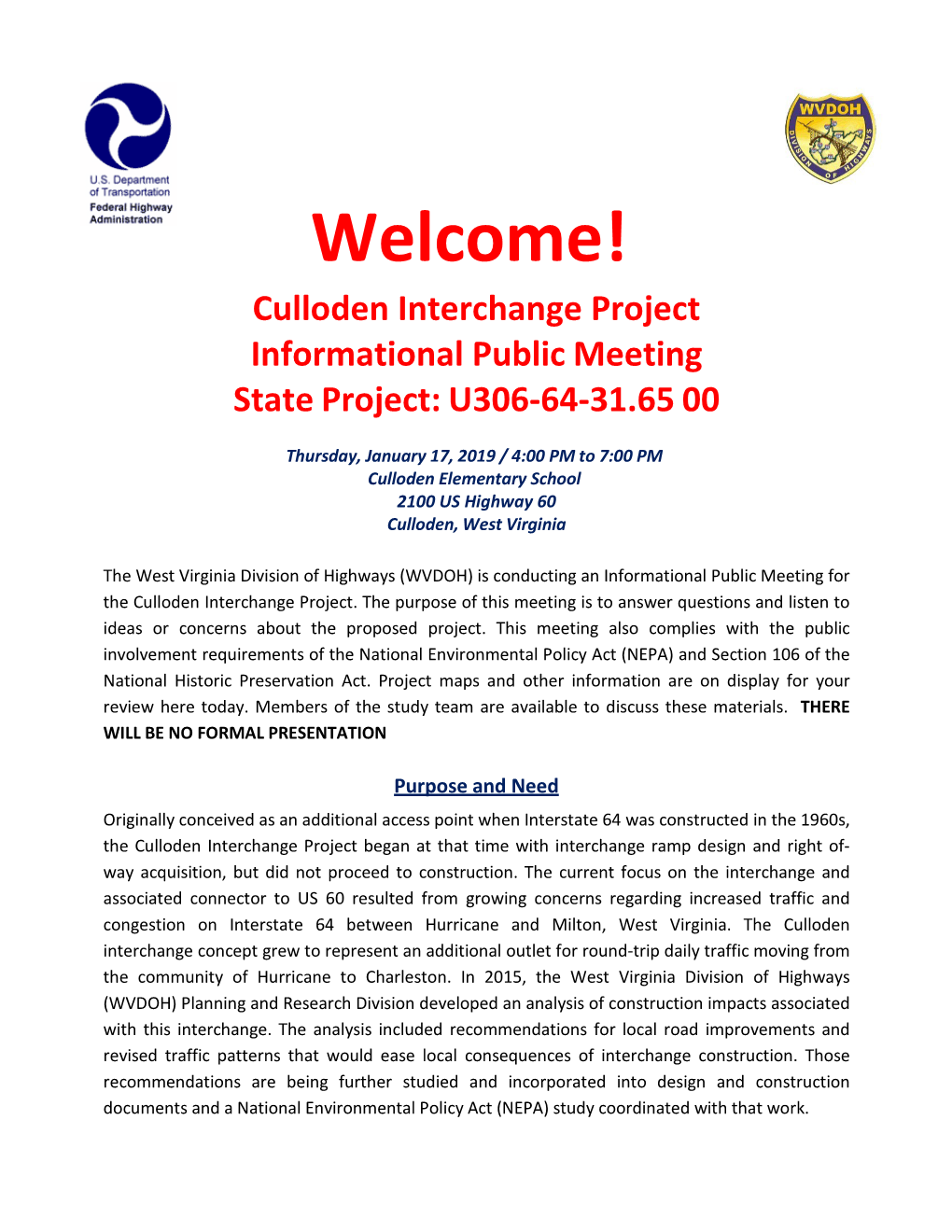 Culloden Interchange Project Informational Public Meeting State Project: U306-64-31.65 00