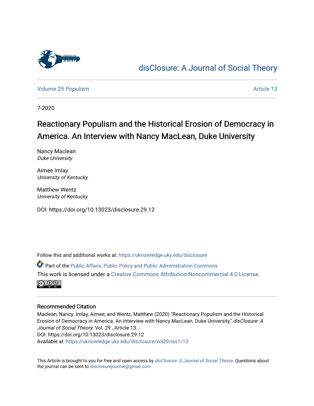 Reactionary Populism and the Historical Erosion of Democracy in America. an Interview with Nancy Maclean, Duke University