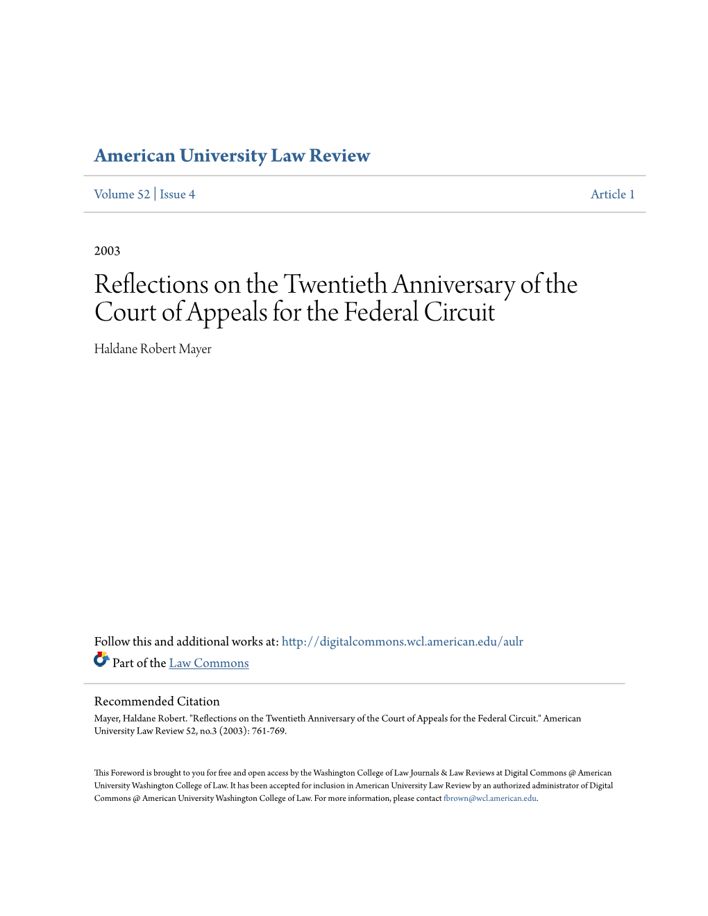 Reflections on the Twentieth Anniversary of the Court of Appeals for the Federal Circuit Haldane Robert Mayer