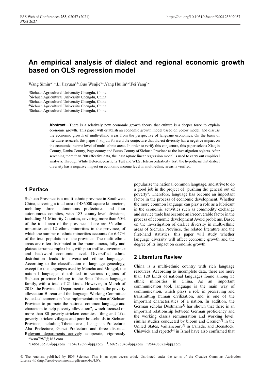 An Empirical Analysis of Dialect and Regional Economic Growth Based on OLS Regression Model