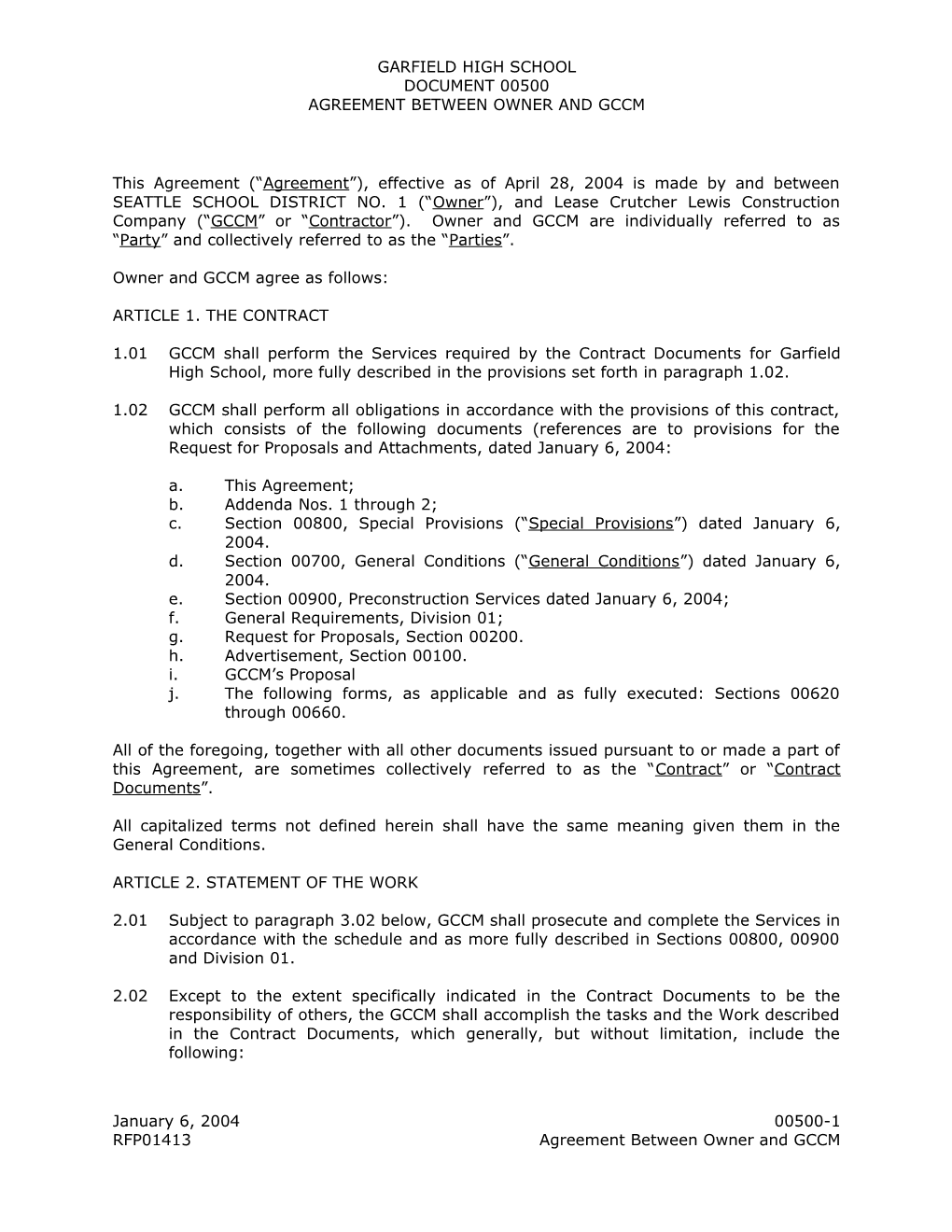 Agreement Between Owner and Gccm