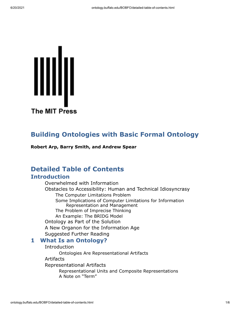 Building Ontologies with Basic Formal Ontology Detailed Table of Contents