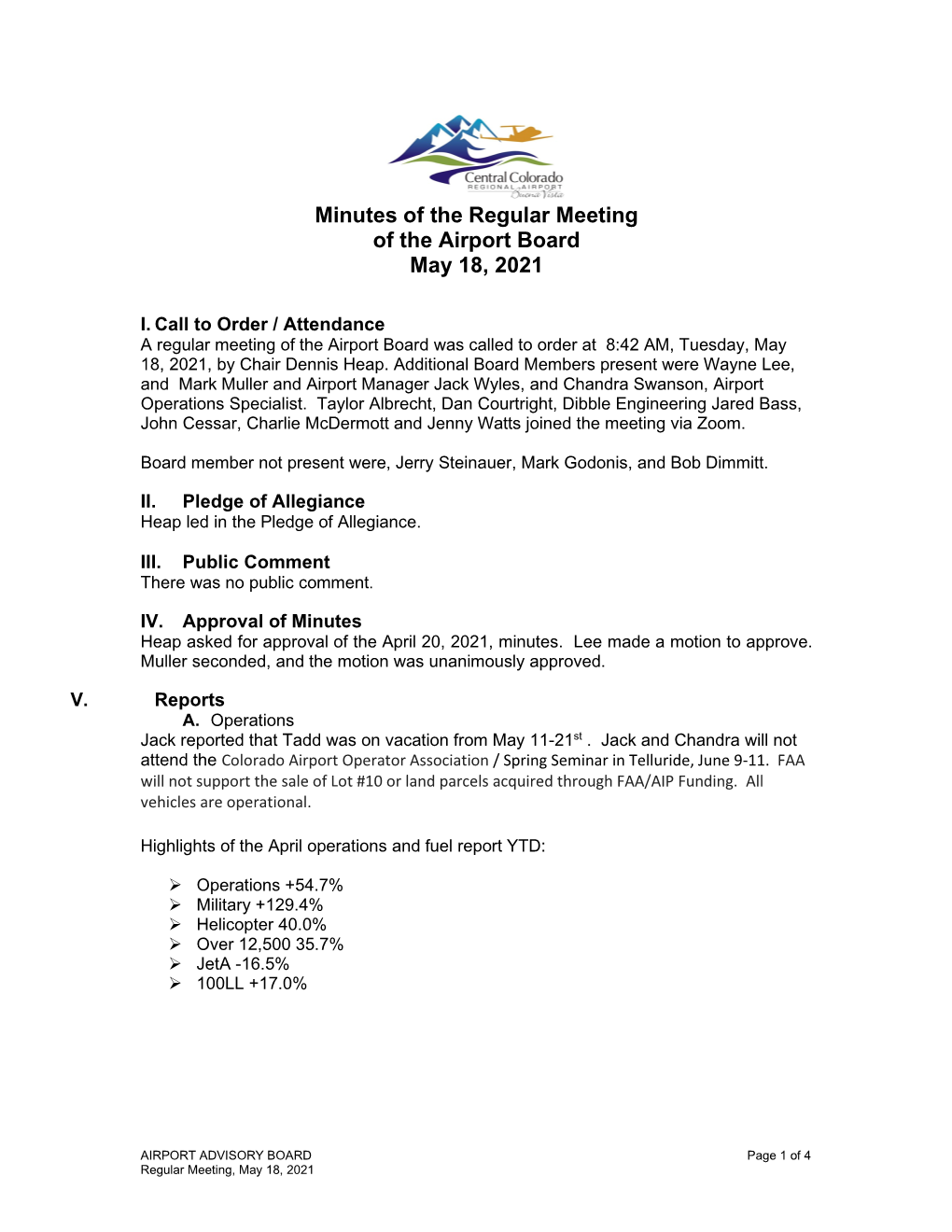 Minutes of the Regular Meeting of the Airport Board May 18, 2021