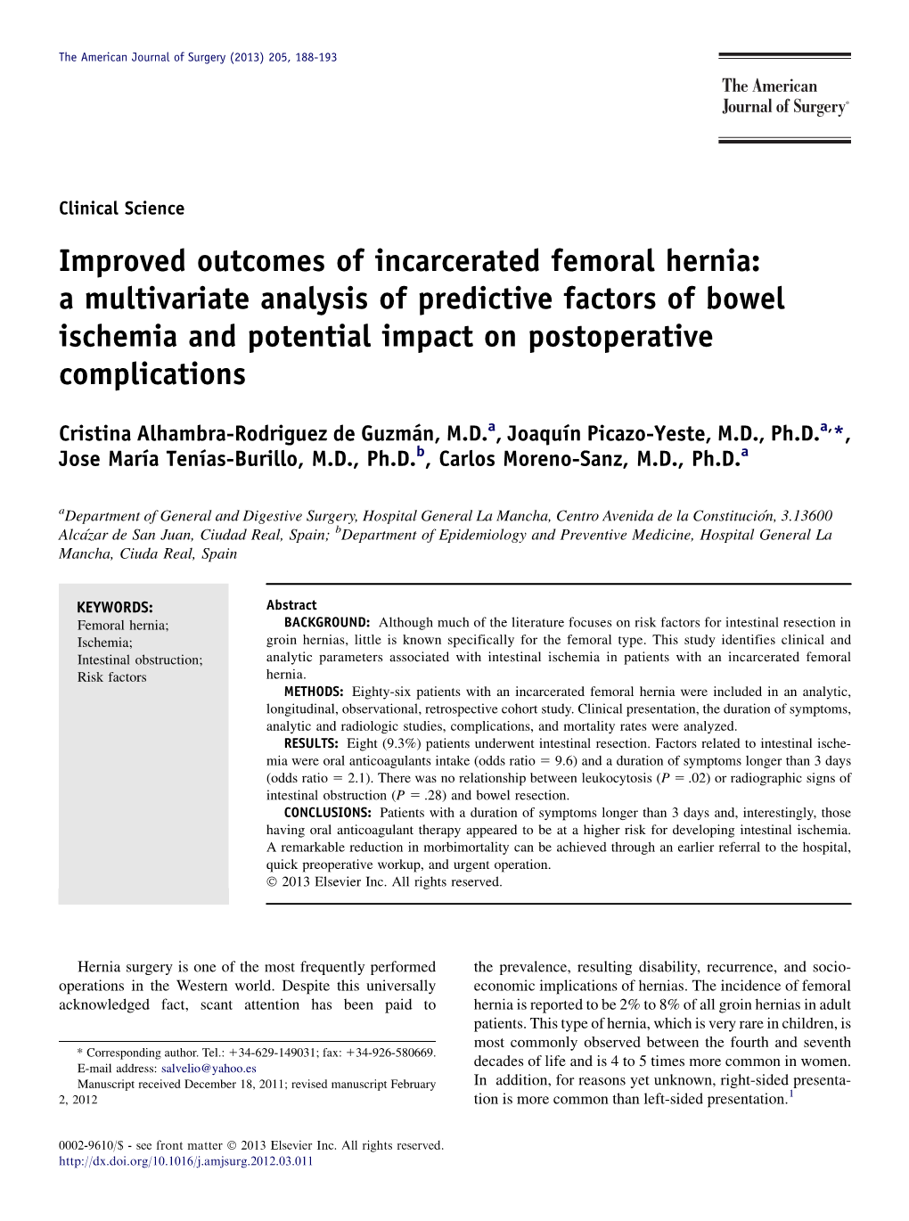 Improved Outcomes of Incarcerated Femoral Hernia: A&Nbsp;Multivariate