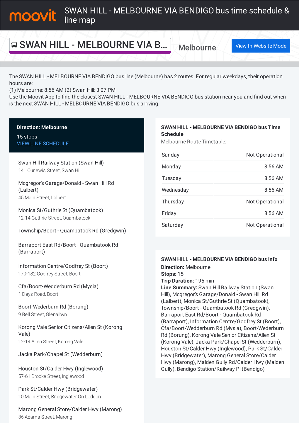 SWAN HILL - MELBOURNE VIA BENDIGO Bus Time Schedule & Line Map