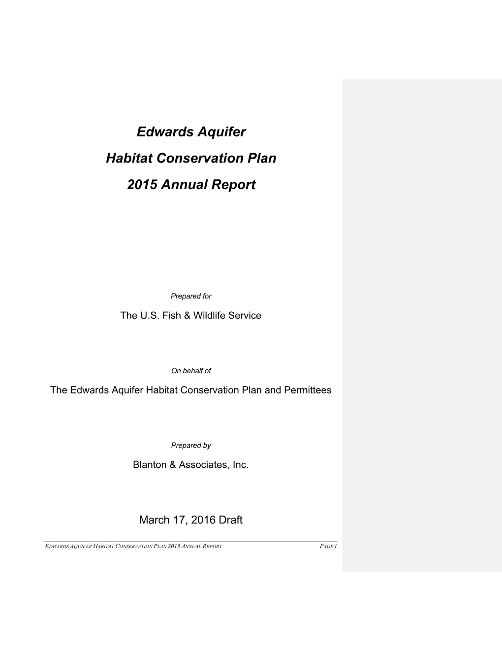 Edwards Aquifer Habitat Conservation Plan 2015 Annual Report