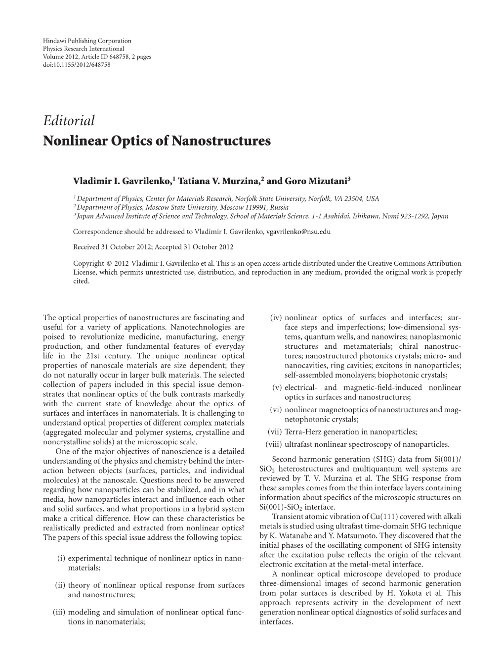 Editorial Nonlinear Optics of Nanostructures