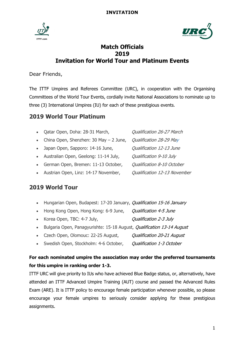 Match Officials 2019 Invitation for World Tour and Platinum Events