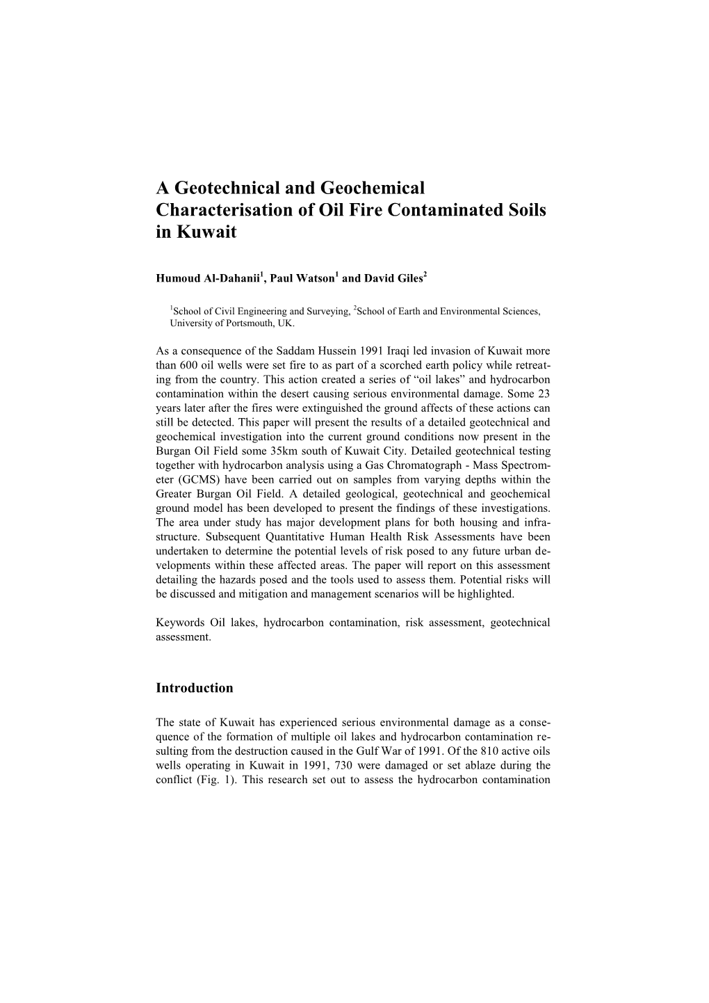 A Geotechnical and Geochemical Characterisation of Oil Fire Contaminated Soils in Kuwait