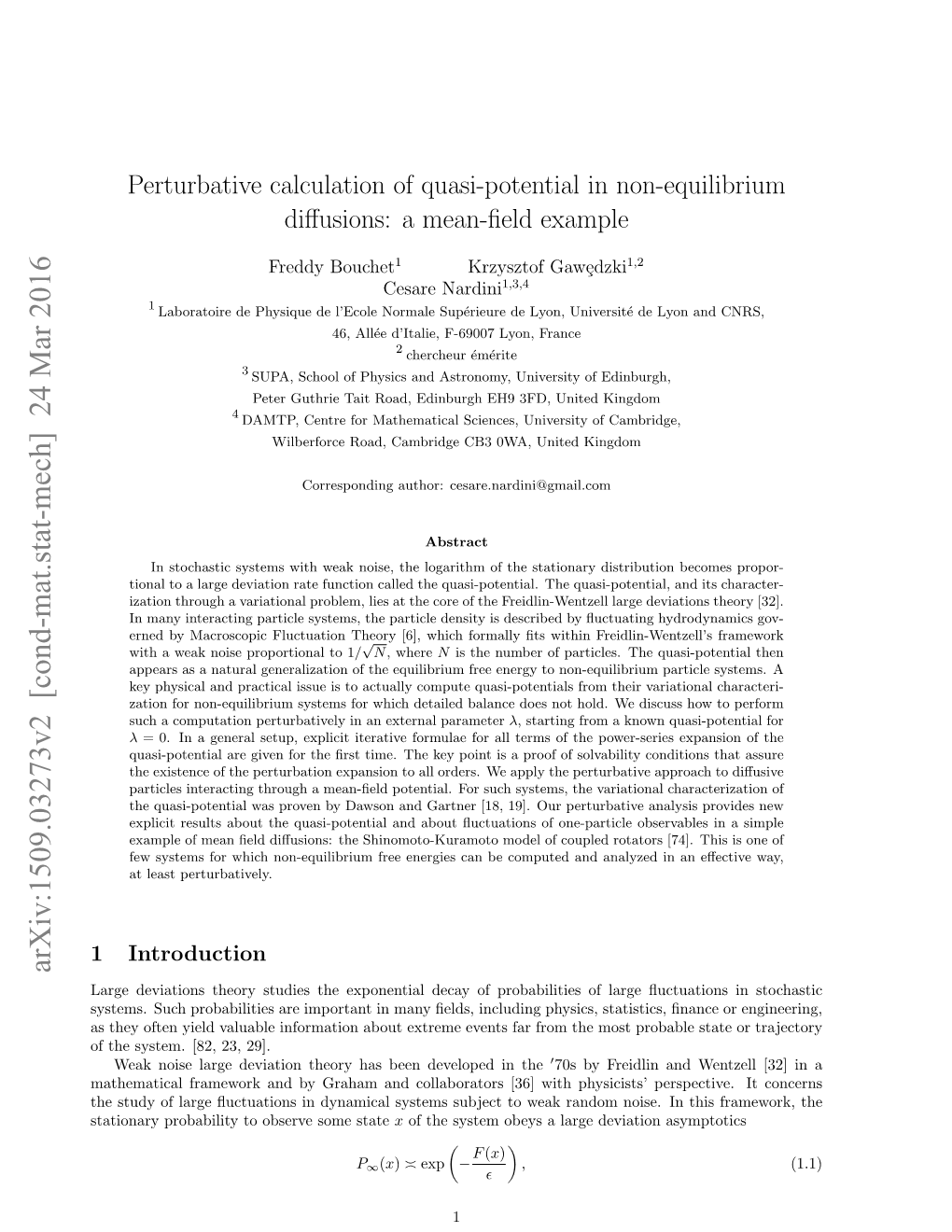 Perturbative Calculation of Quasi-Potential in Non-Equilibrium Diffusions: a Mean-Field Example