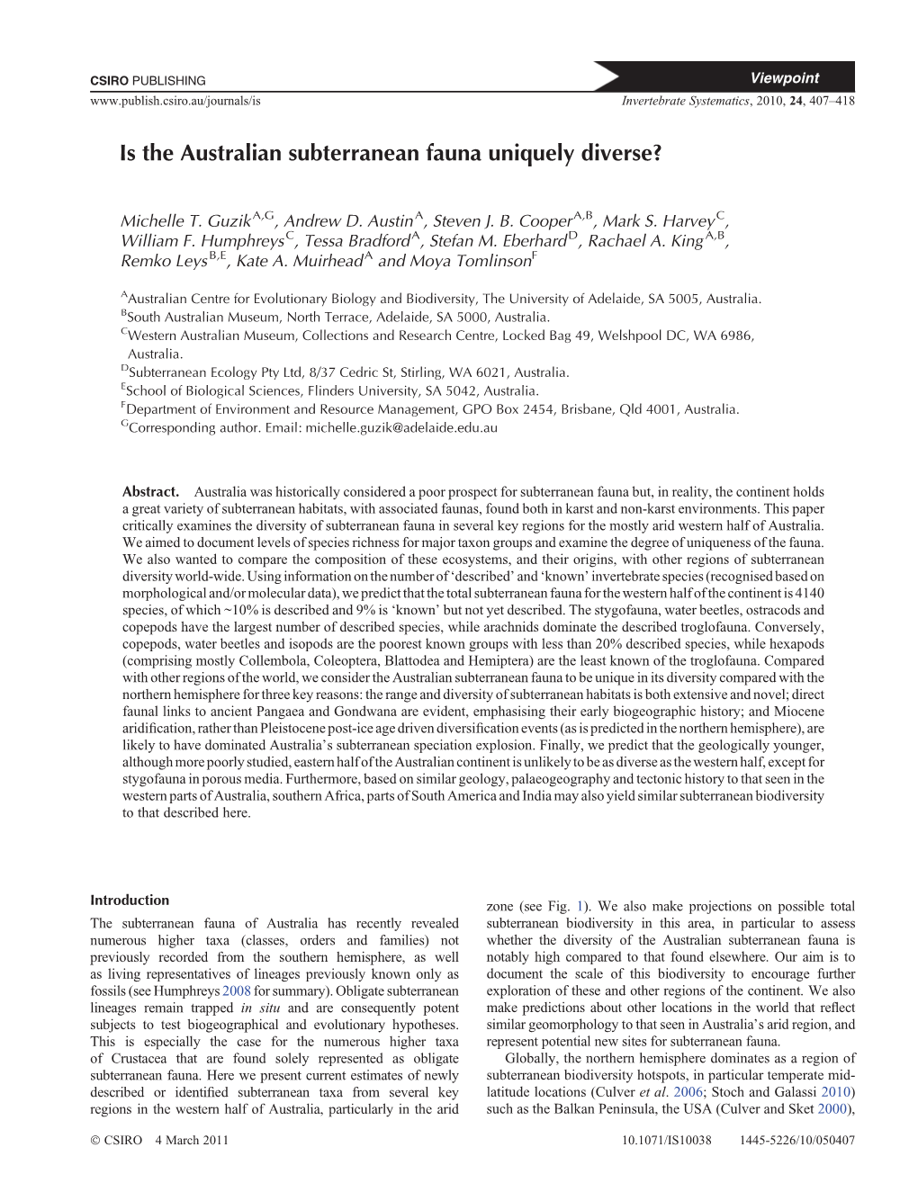 Is the Australian Subterranean Fauna Uniquely Diverse?